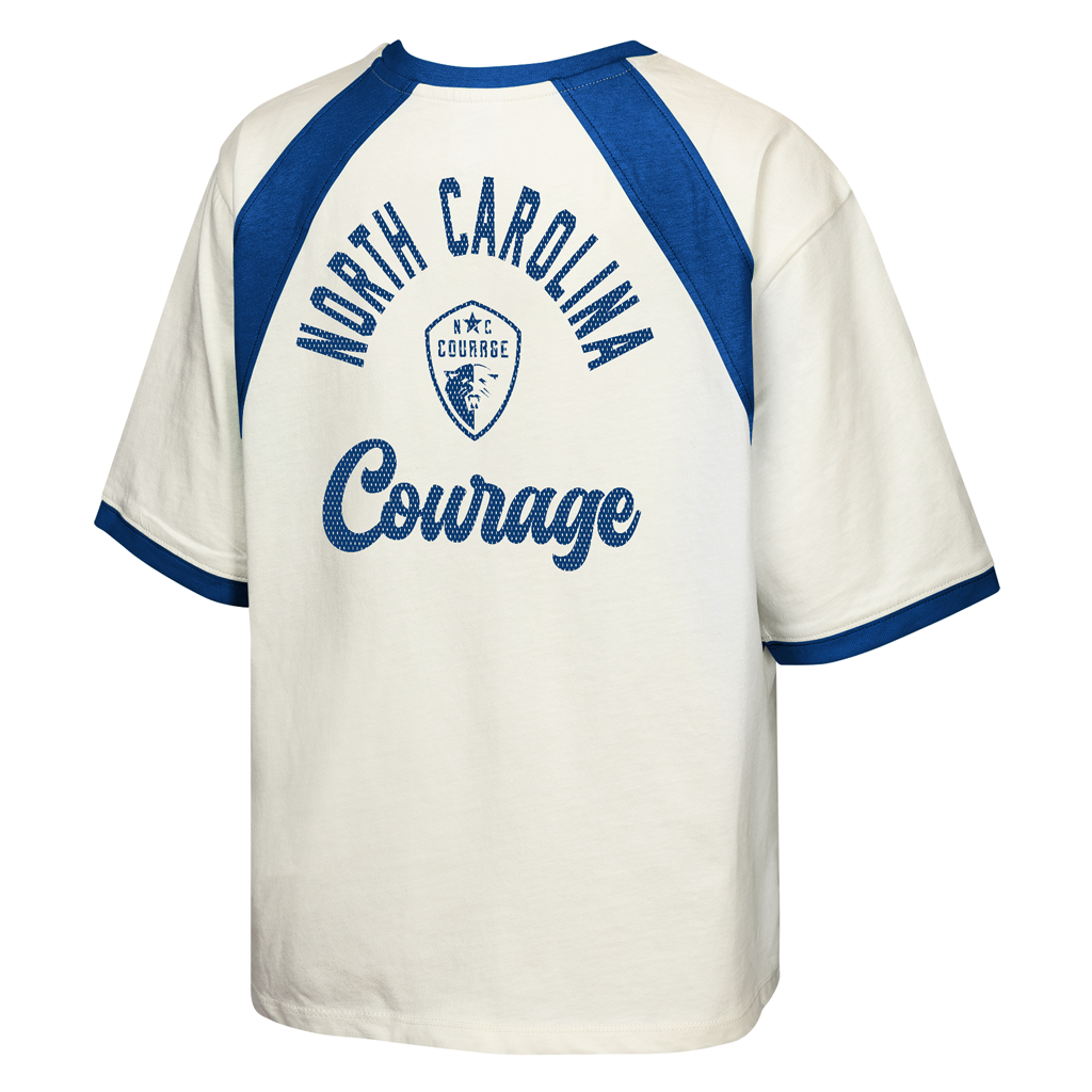 White and blue baseball-style shirt with 'North Carolina Courage' text on a white background