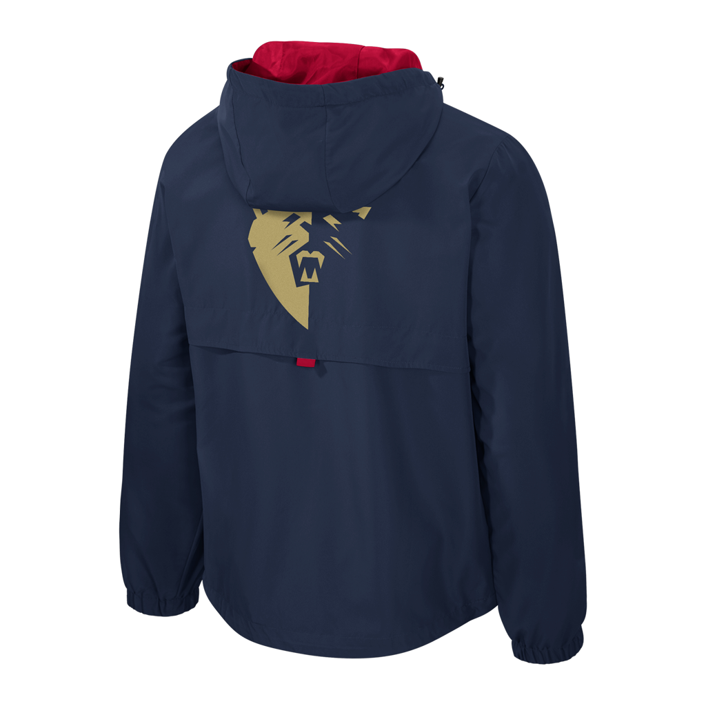 Navy blue jacket with a logo on the back against a white background