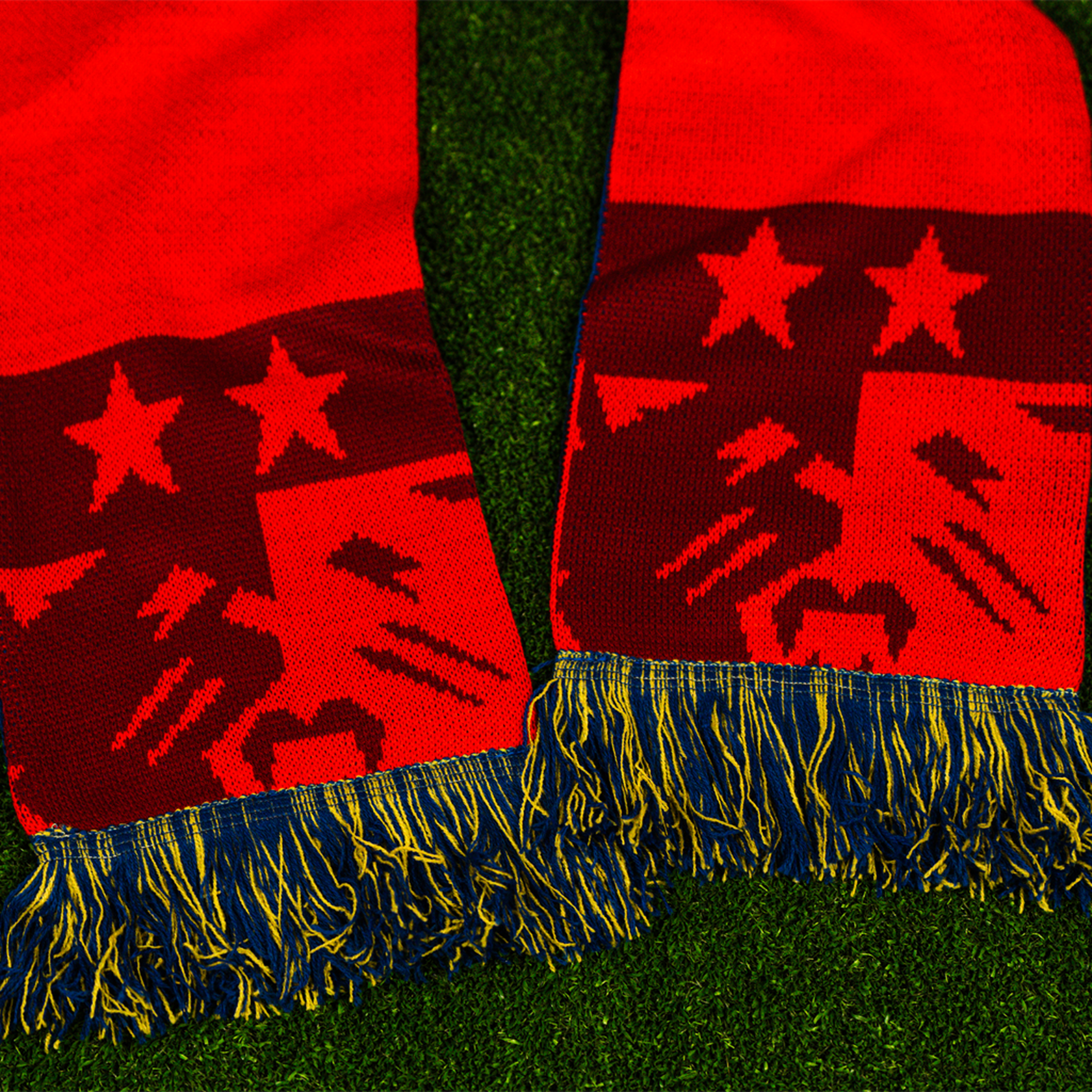 A zoom in of a red and blue knit scarf with 'NC Courage' text and a shield design, displayed on a grassy surface.