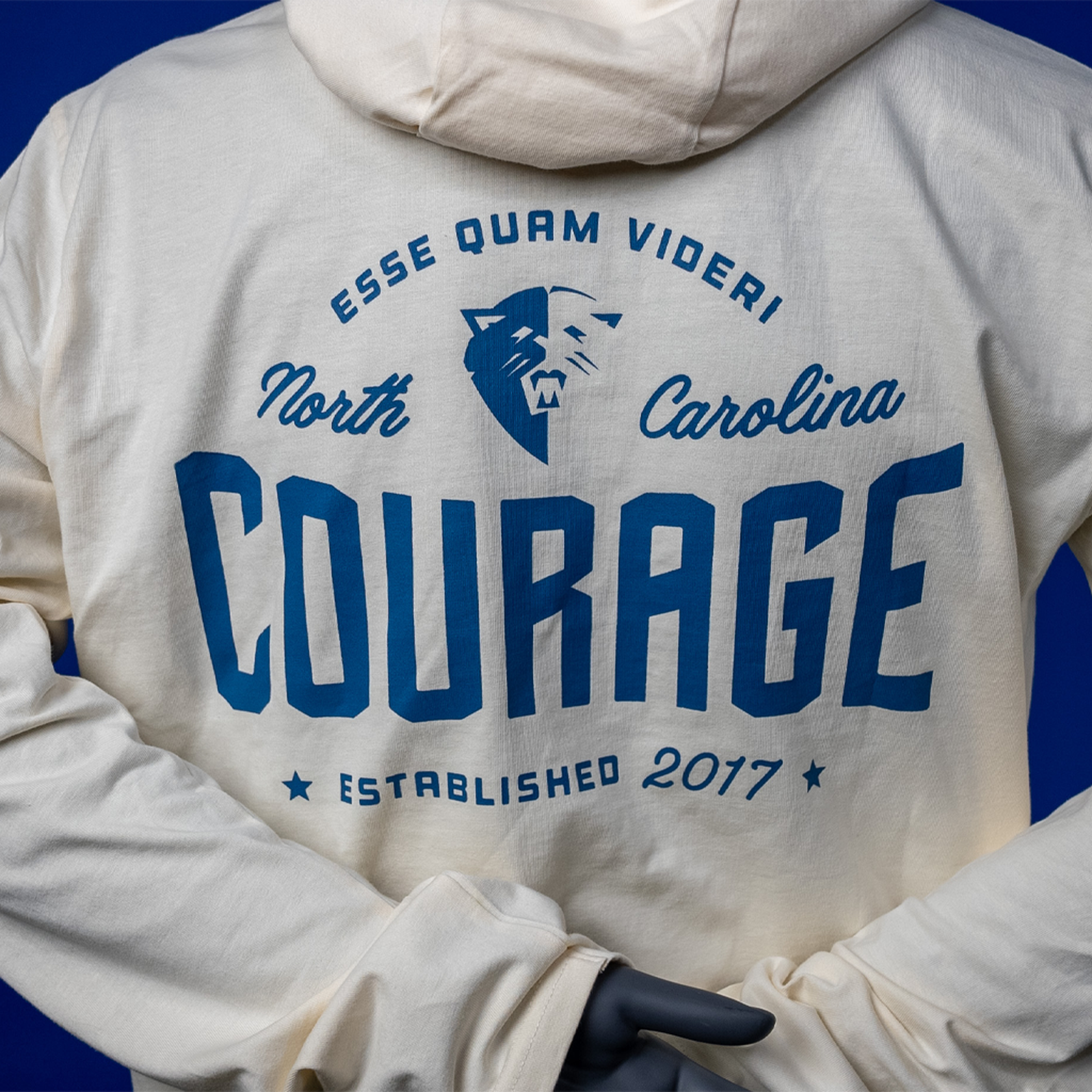 A close up of the back of an off-white hoodie with a hood, long sleeves, and the Courage logo and lettering, displayed on a mannequin against a blue background.