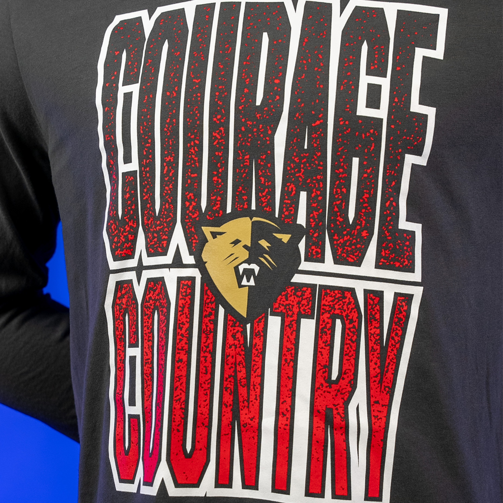 A dark grey long sleeve Nike tee with zoomed in text 'COURAGE COUNTRY' and the NC Courage logo.