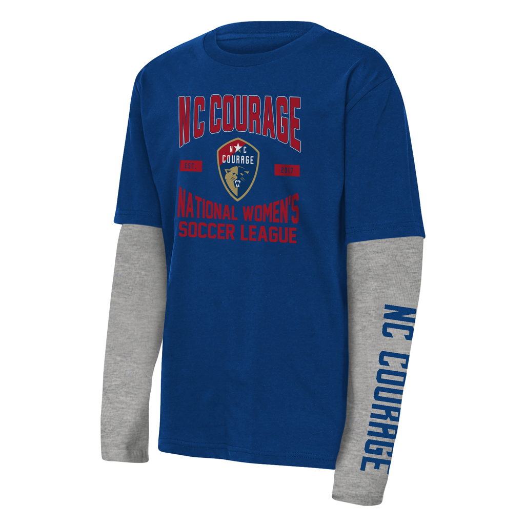 Blue and gray long-sleeve shirt with 'NC Courage' text on a white background