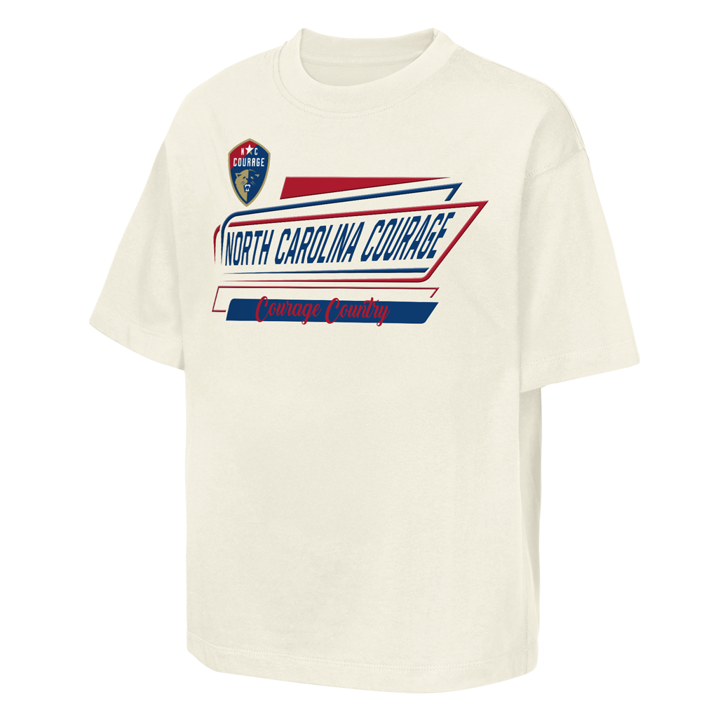White t-shirt with 'North Carolina Courage' logo on a white background