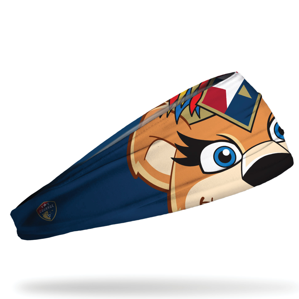 NC Courage headband with closeup cartoon image of Roary's face