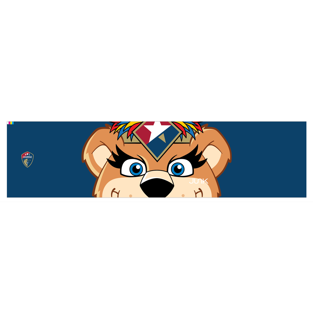 NC Courage headband with closeup cartoon image of Roary's face. The headband is flattened to see the entire design and Courage logo.
