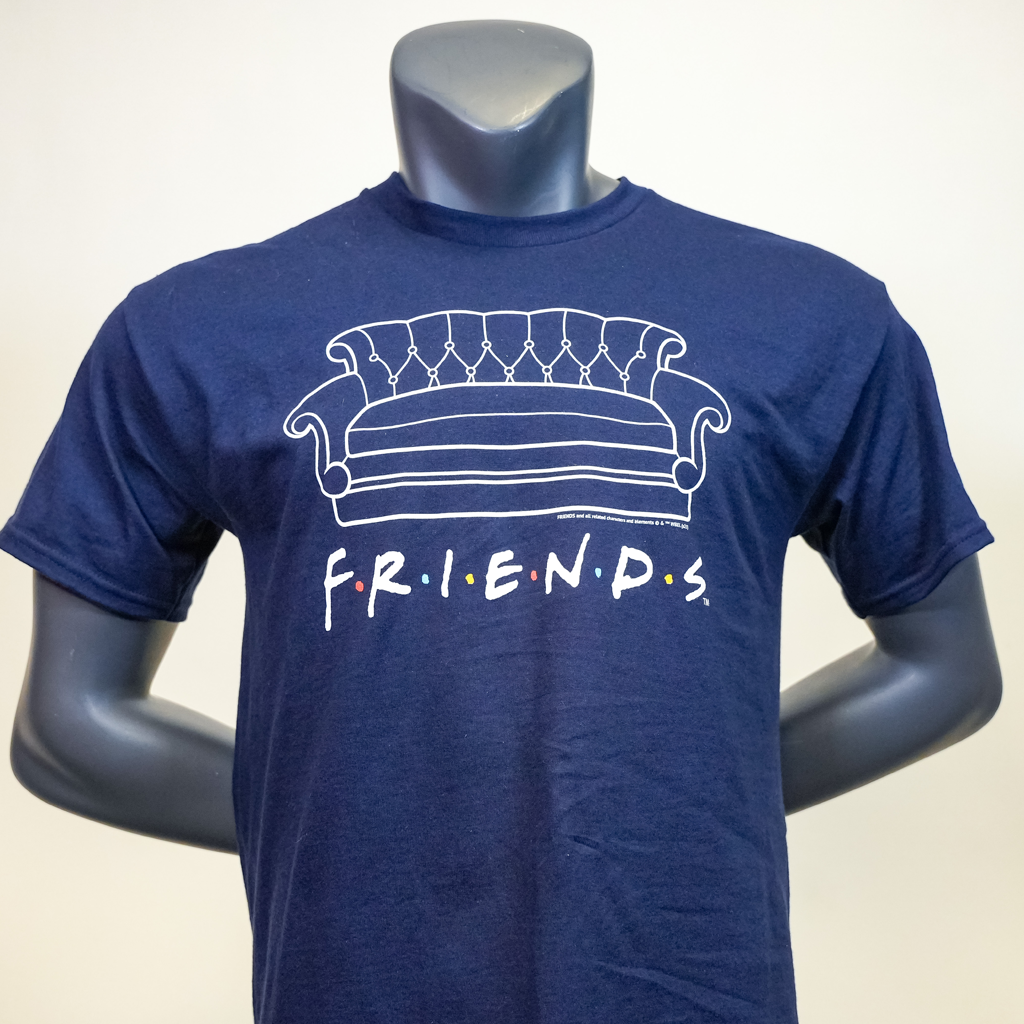 Closeup of blue T-Shirt on mannequin with Friends logo and iconic Friends couch