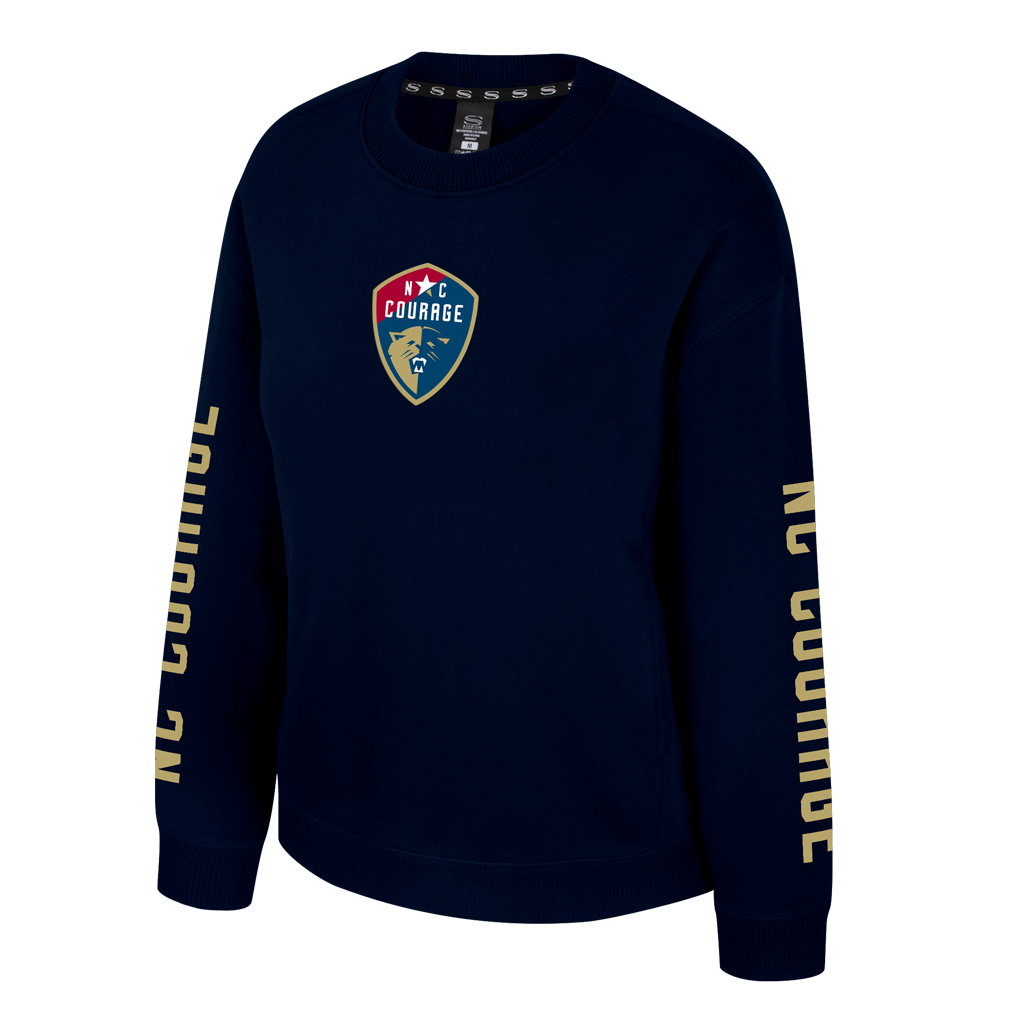 Navy blue sweatshirt with a logo and text on a white background