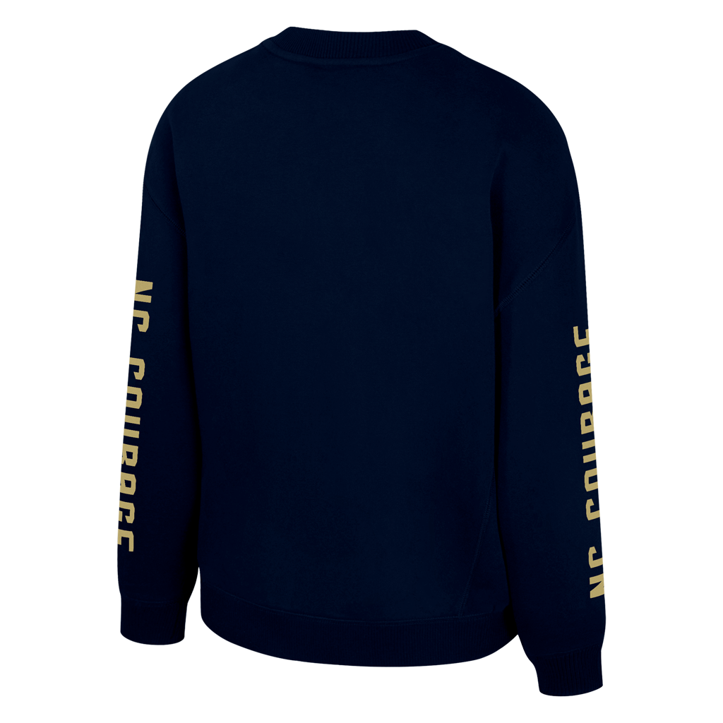 Navy blue sweatshirt with gold text on sleeves against a white background