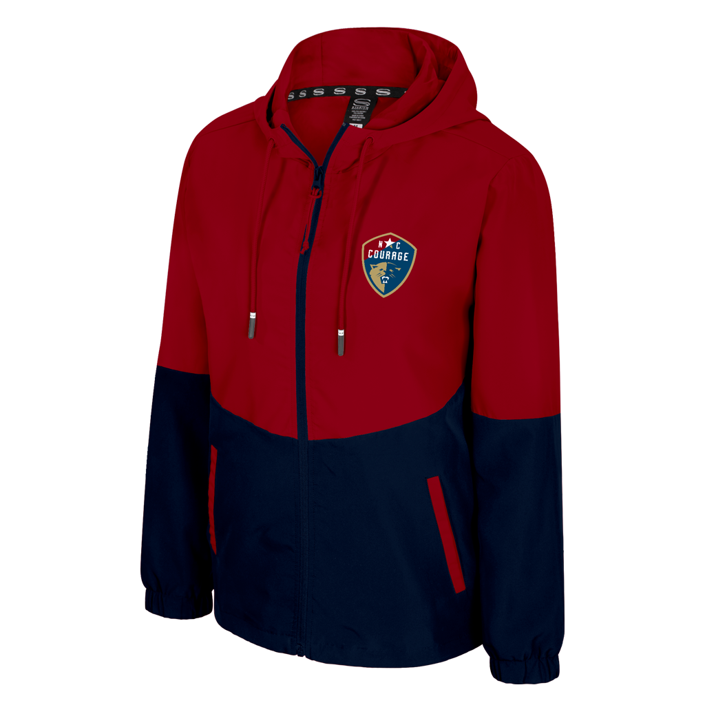 Red and navy hoodie with a logo on a white background