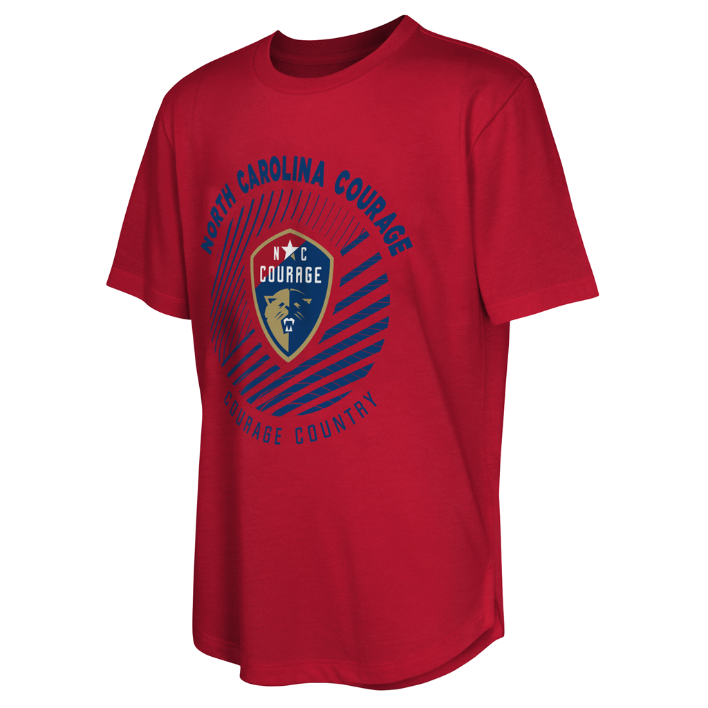 A red youth t-shirt with a graphic print of the North Carolina Courage logo.