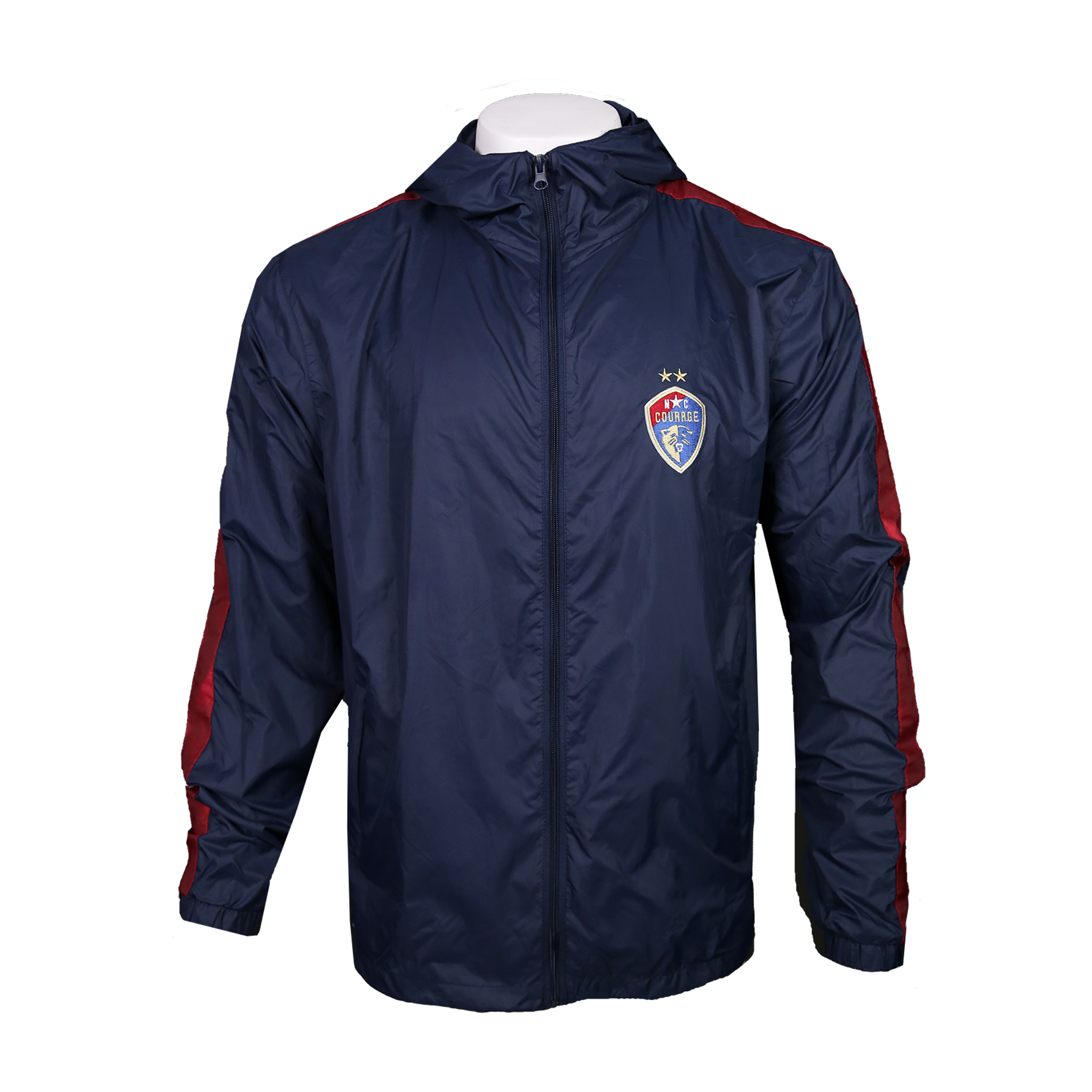 A navy full-zip wind jacket with red striped contour down the sleeves and a zippered hood, featuring a logo on the chest.