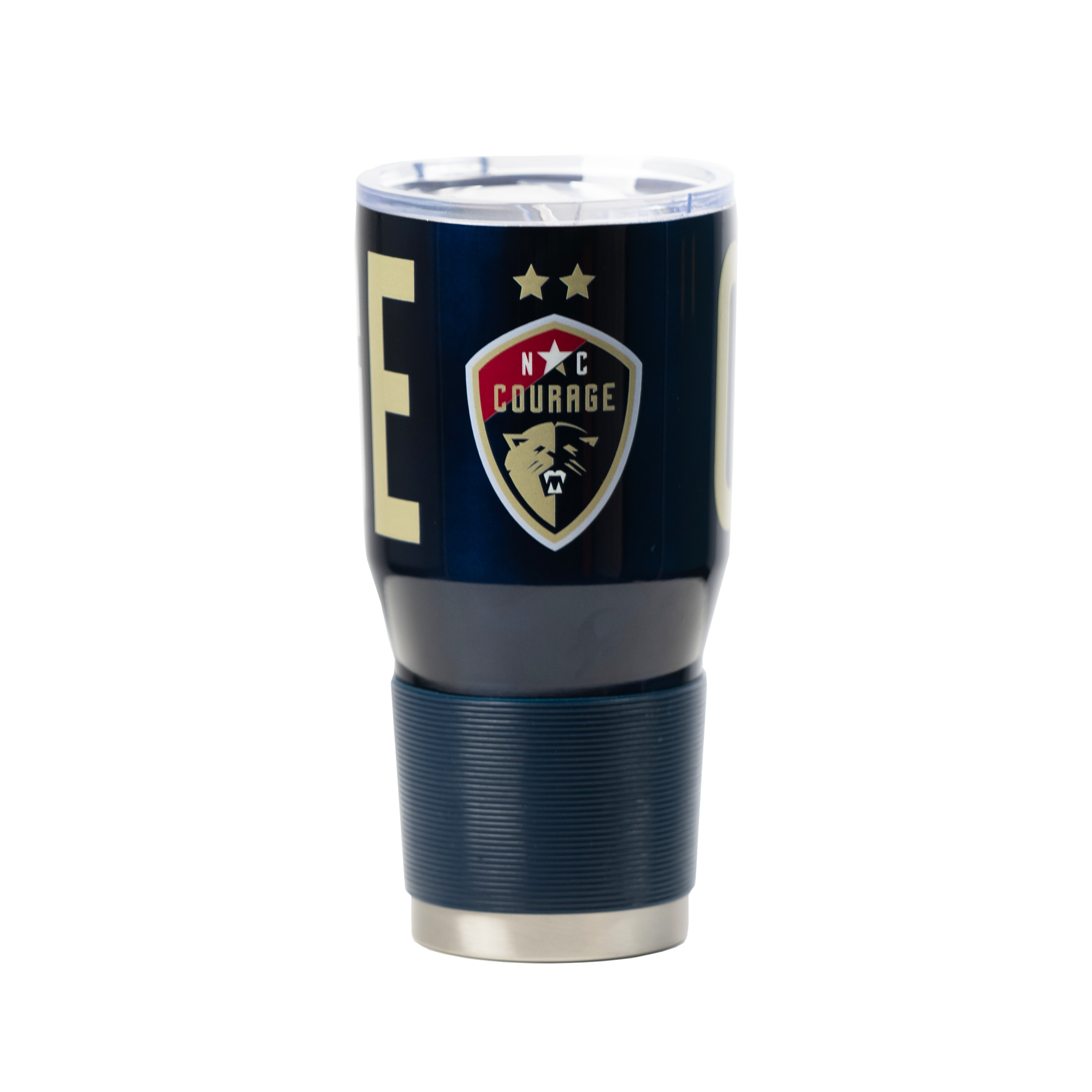 A 30oz navy stainless tumbler with the NC Courage logo and the word 'Courage' written on it, featuring a rubber grip.