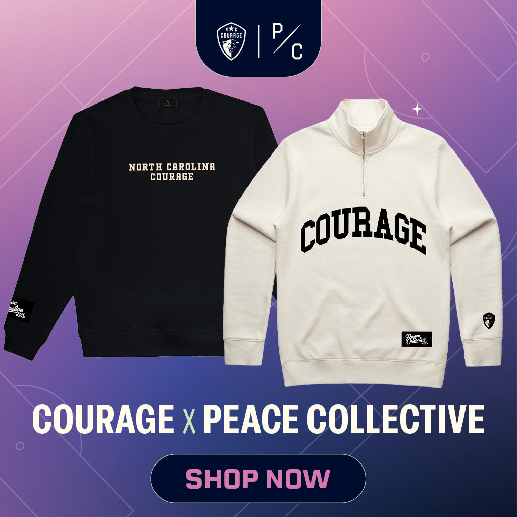 Two long-sleeve quarter-zip sweatshirts displayed side by side on a purple-to-blue gradient promotional background. The left sweatshirt is black with white 'NORTH CAROLINA COURAGE' text on the chest and a small multicolor patch on the sleeve. Promoting a Courage collaboration with Peace Collective. 