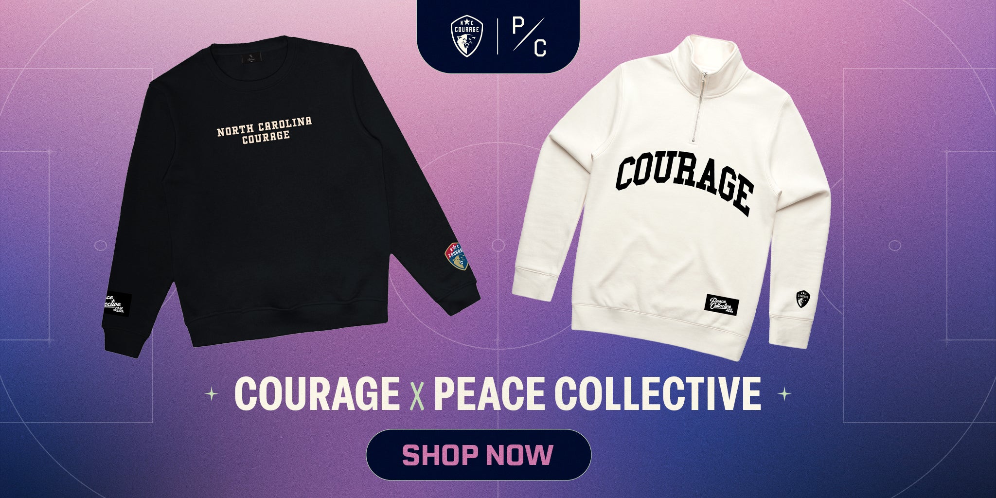 Two long-sleeve quarter-zip sweatshirts displayed side by side on a purple-to-blue gradient promotional background. The left sweatshirt is black with white 'NORTH CAROLINA COURAGE' text on the chest and a small multicolor patch on the sleeve. Promoting a Courage collaboration with Peace Collective. 
