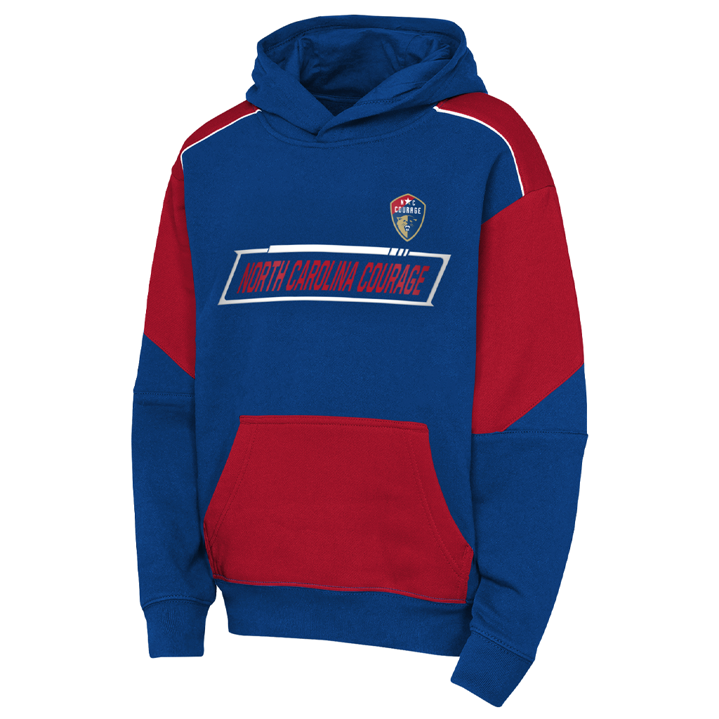 Blue and red hoodie with 'North Carolina Courage' text on a white background