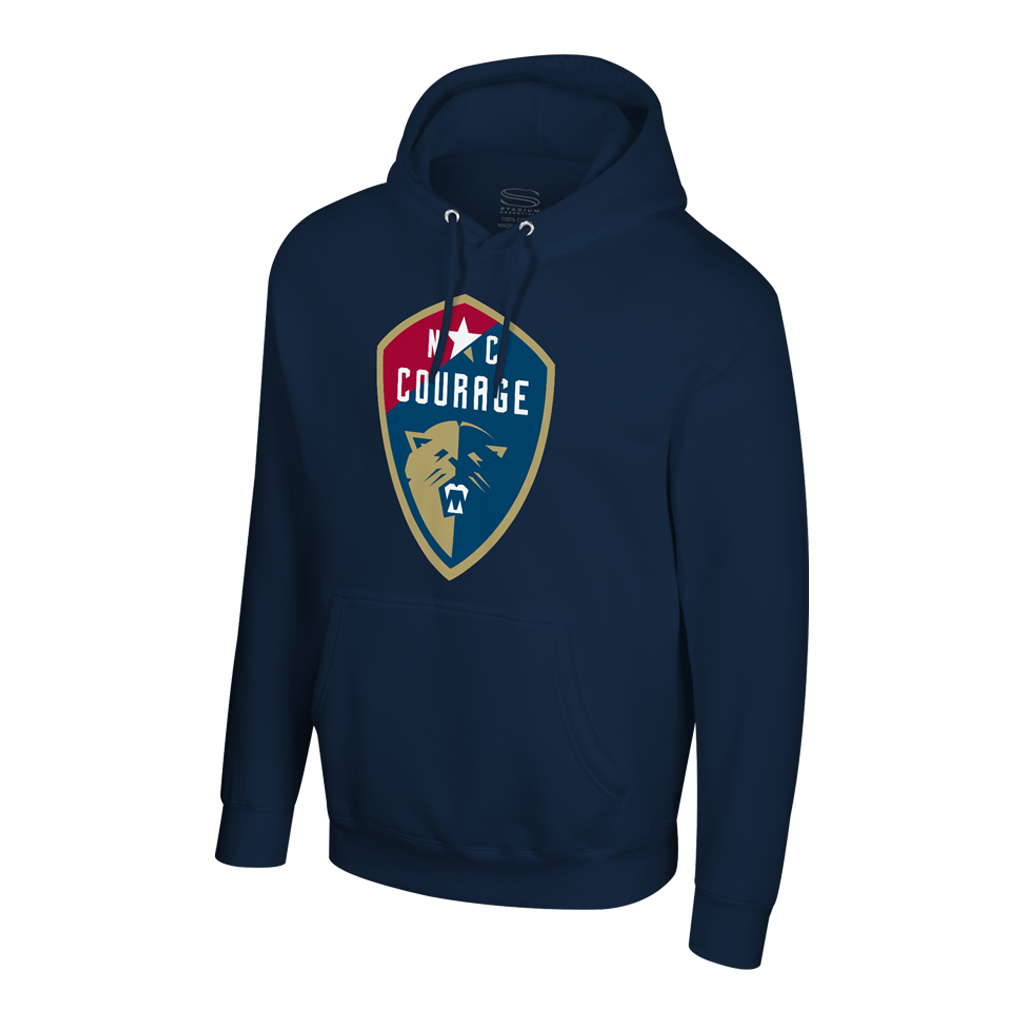 A navy blue hoodie with the 'NC Courage' logo on the front.