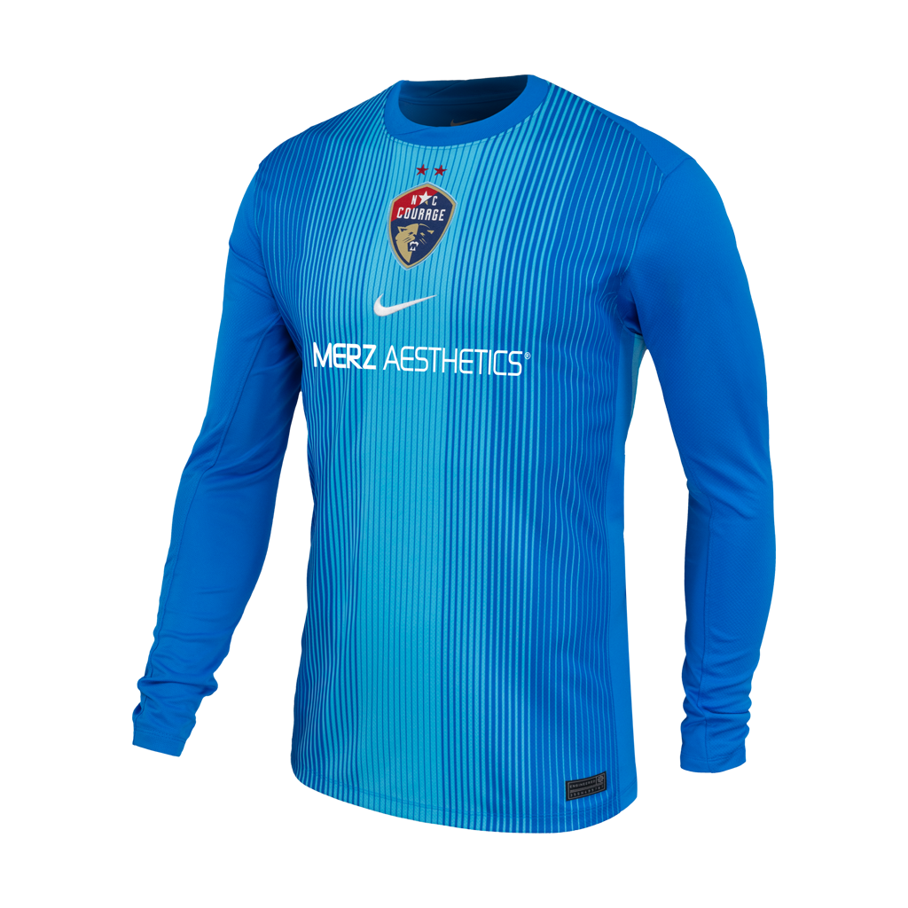A blue long-sleeved soccer jersey with the 2025 NC Courage Goalkeeper jersey design, including the NC Courage official crest and a Merz logo.