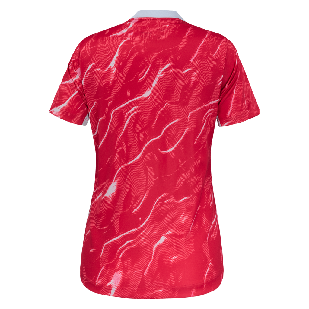 Back of narrow fit pink Nike pre-match jersey featuring the NC Courage crest and a pink patterned design.