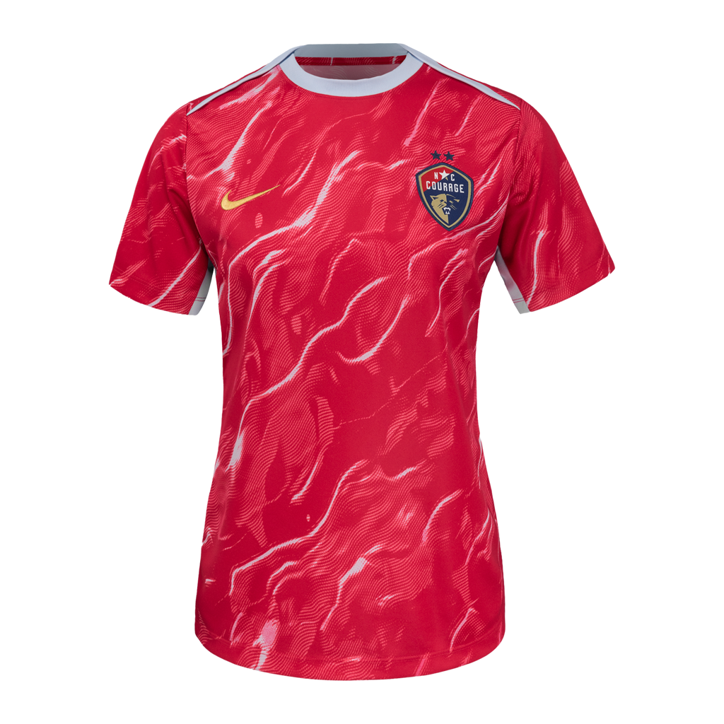 Narrow fit pink Nike pre-match jersey featuring the NC Courage crest and a pink patterned design.