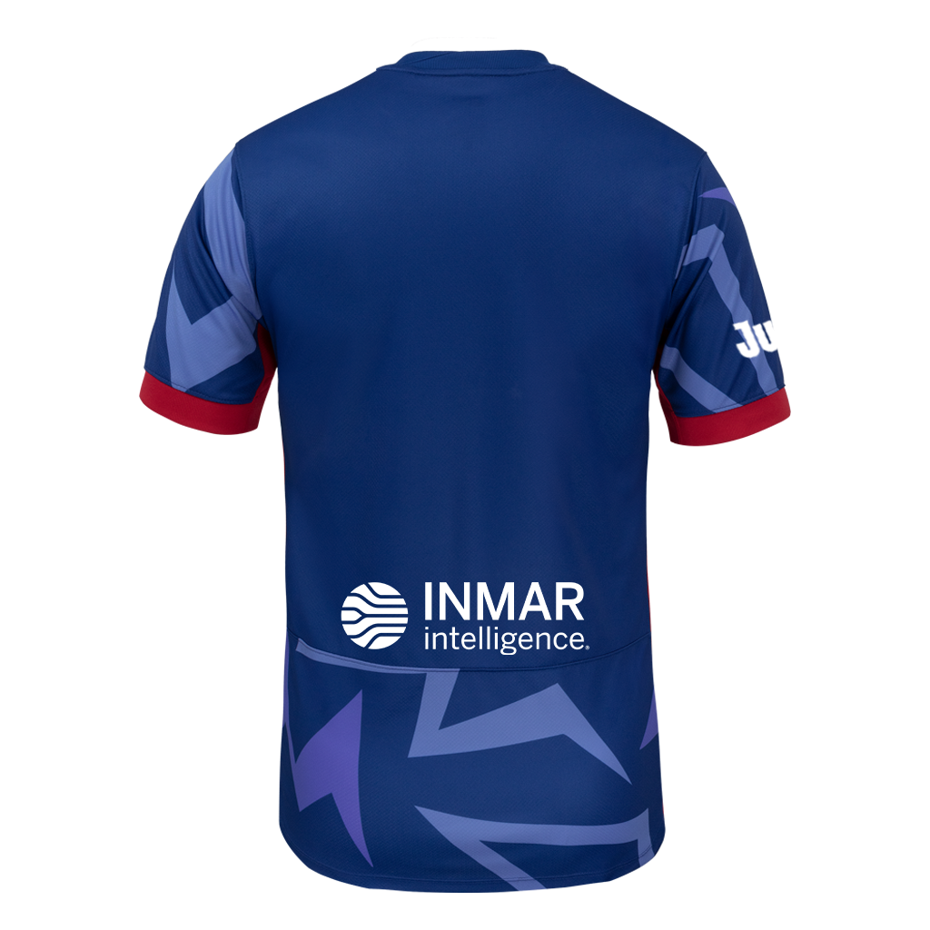 Back of 2025 Blue "The Belong" regular fit Kit with blue triangle designs and Inmar sponsor logo. 
