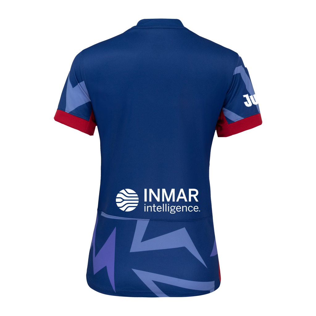 Back of the 2025 Blue "The Belong" narrow fit Kit with blue triangle designs, red rims on sleeve, NC Courage Logo and gold Nike logo. 