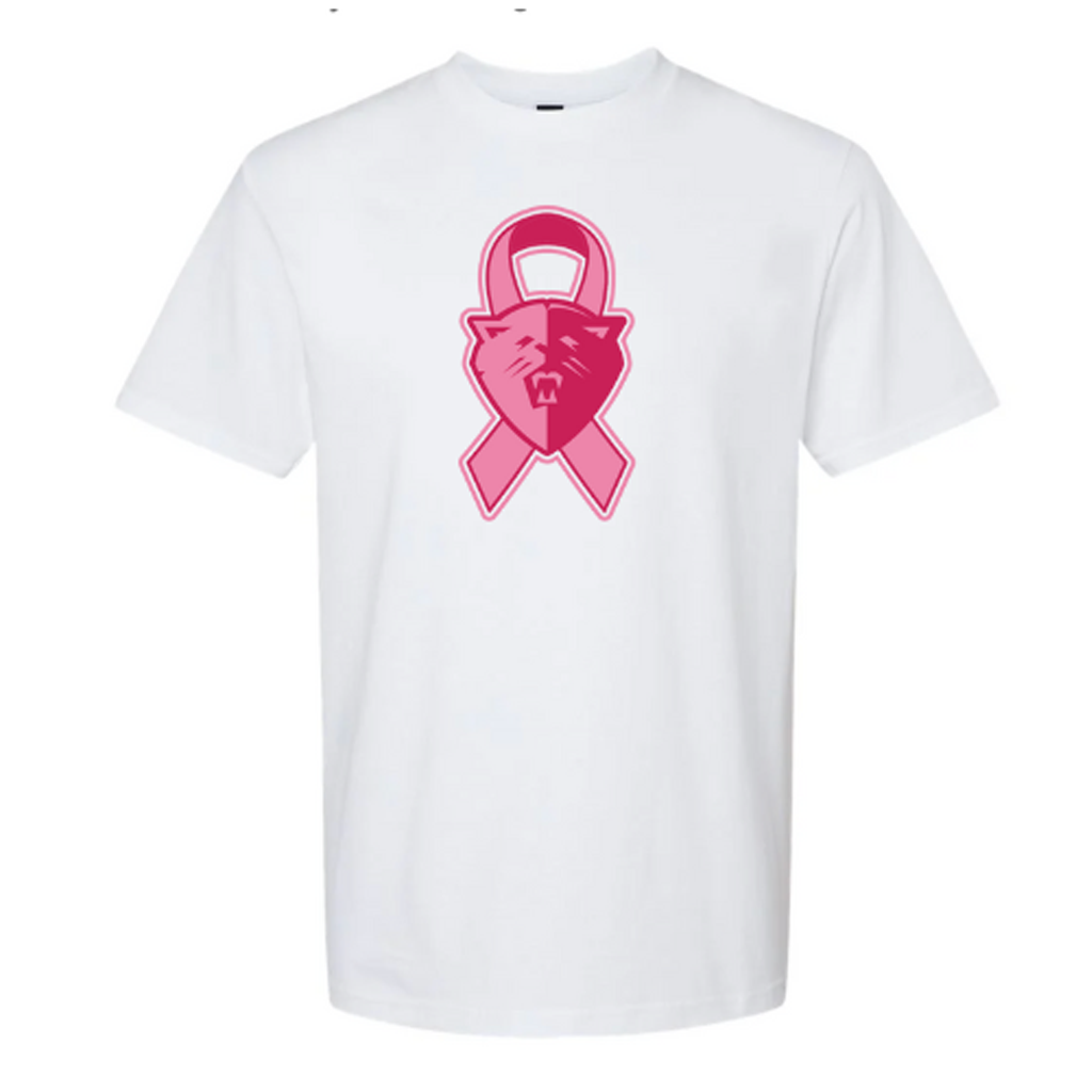 White t-shirt with pink cancer ribbon and pink Courage lioness. 