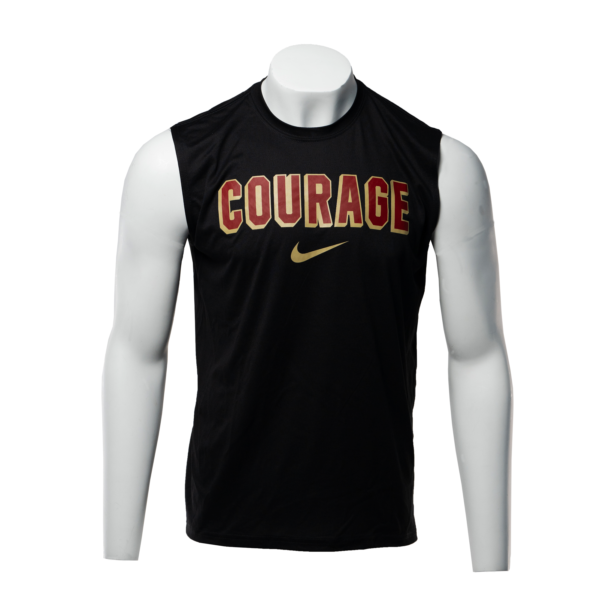 A sleeveless black dri-fit tank top with the word 'COURAGE' printed in red and yellow letters across the front.