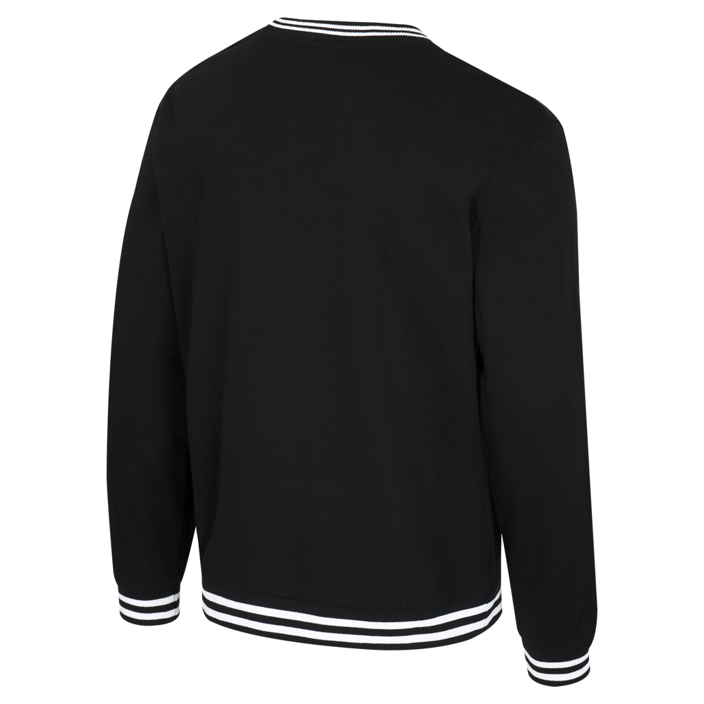 Back of Crewneck, Black color with white details on collar, sleeves and edges