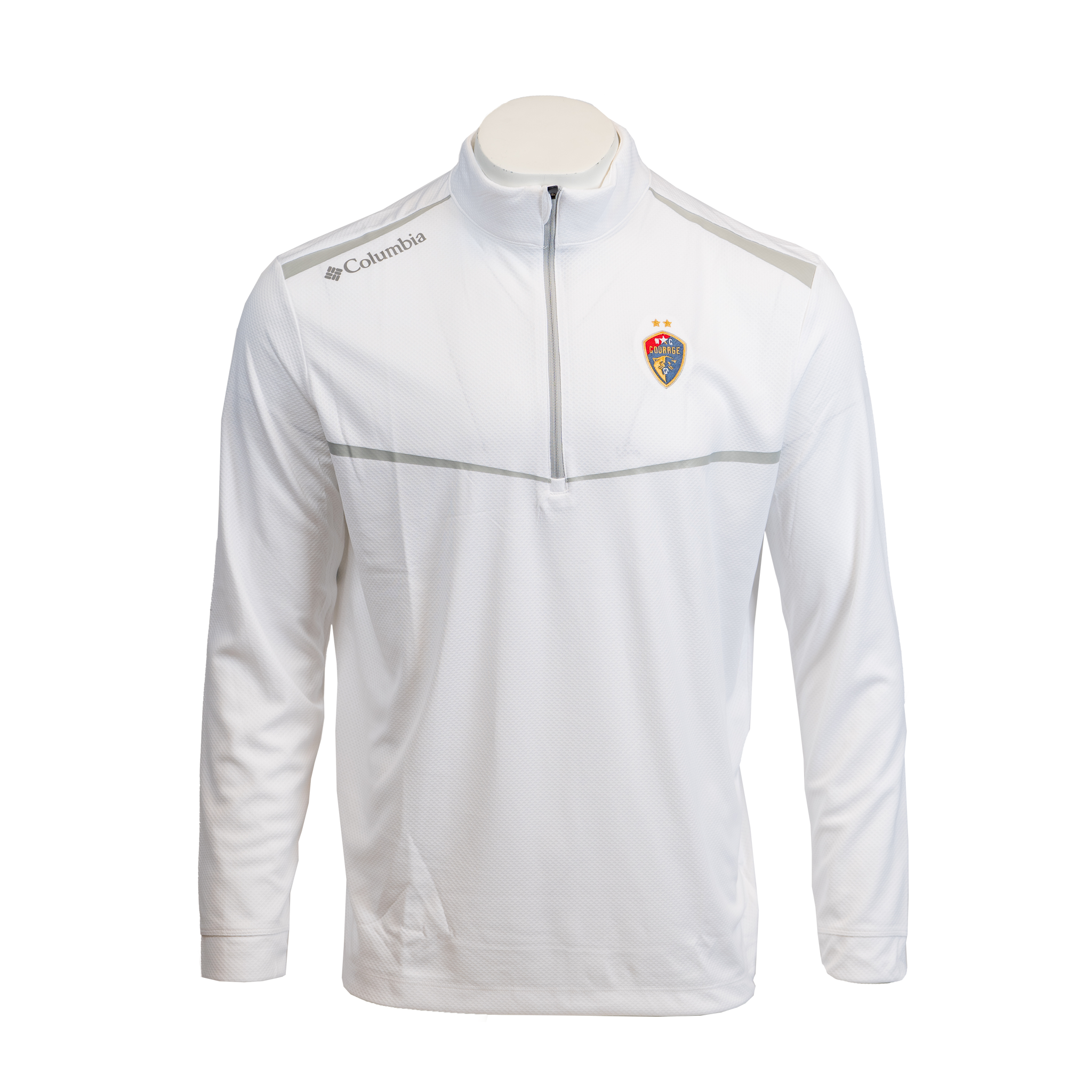A white long-sleeved pullover with a grey stripe and a logo on the chest, featuring a mock neckline and Columbia branding on the sleeve.