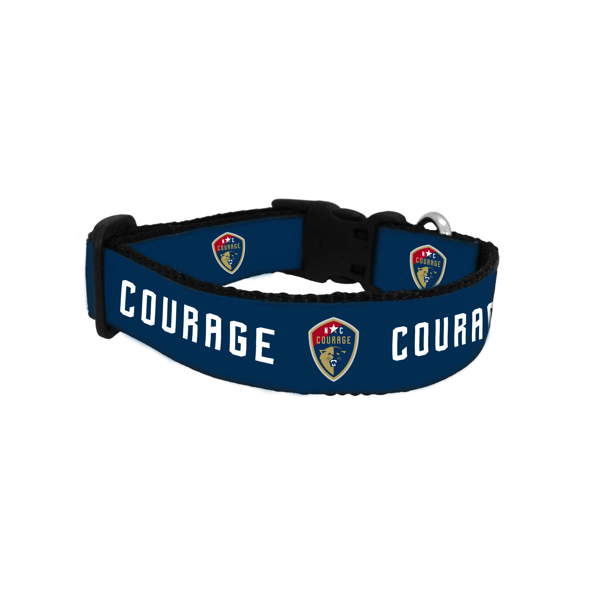 A blue dog collar with the text 'COURAGE' and the NC Courage logo repeated across the length.