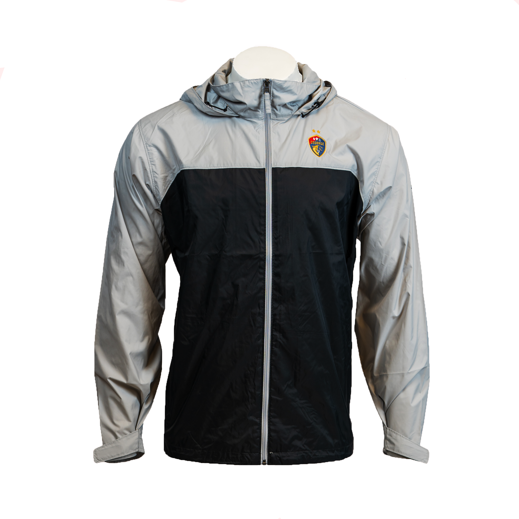 A rain jacket with blackand gray colors, featuring a hood and zippered pockets, displaying the NC Courage logo on the chest.