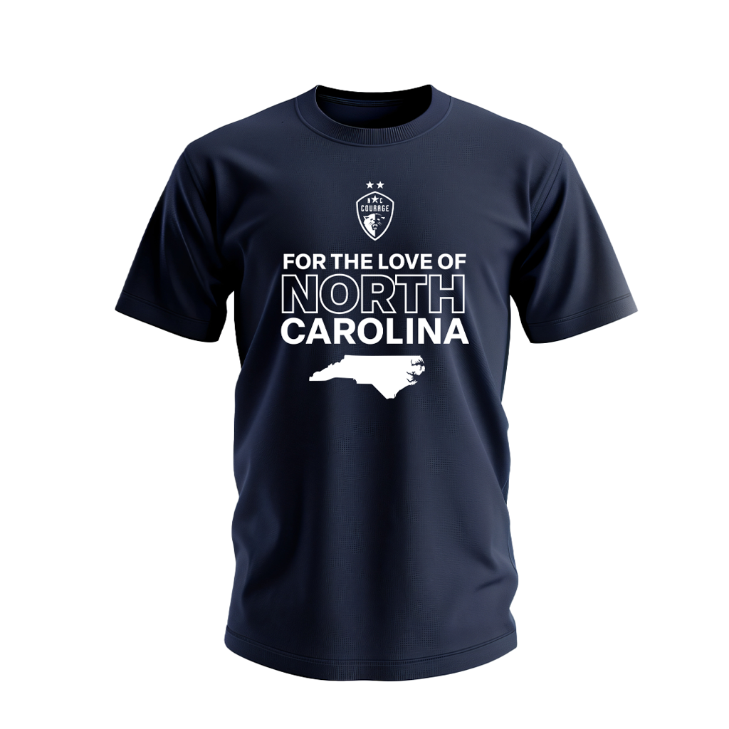 A navy blue t-shirt with the text 'FOR THE LOVE OF NORTH CAROLINA' printed on the front.