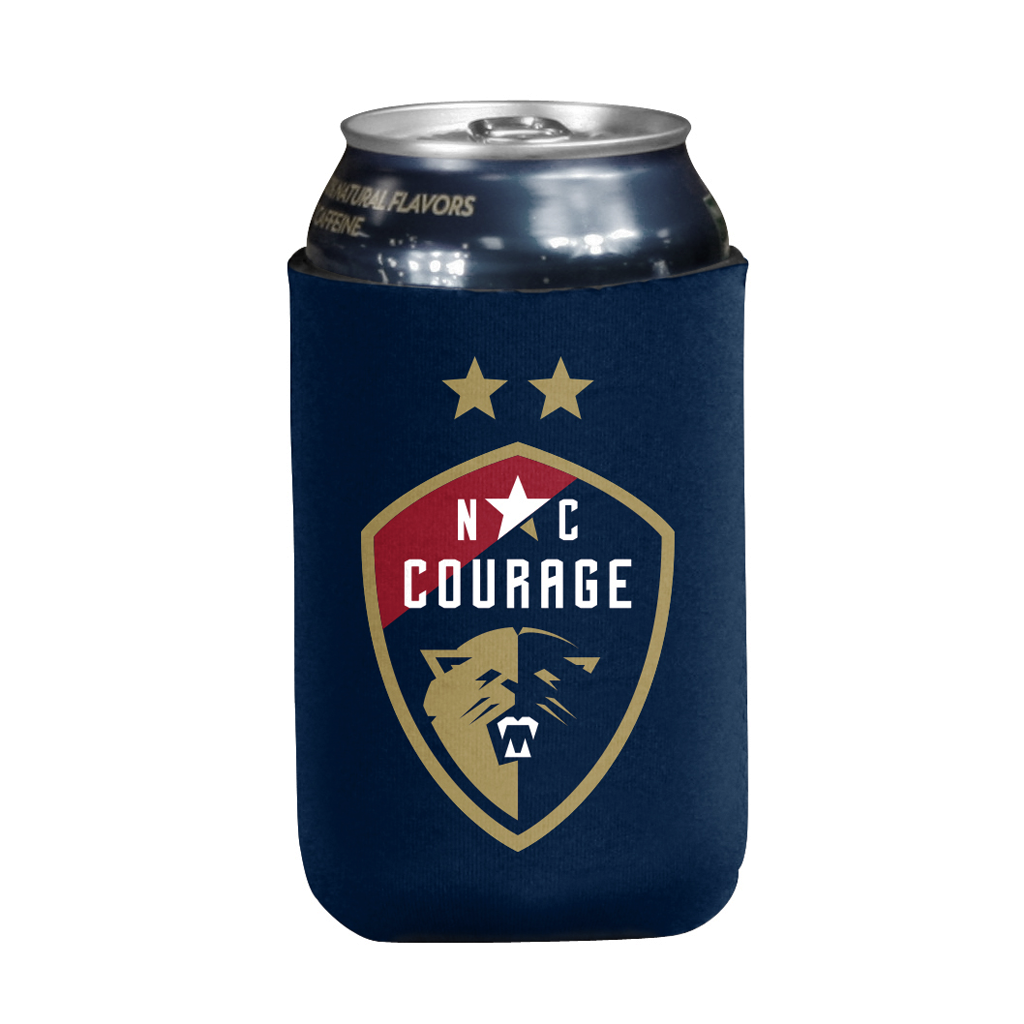 N.C. Courage branded navy blue can cooler on a white background