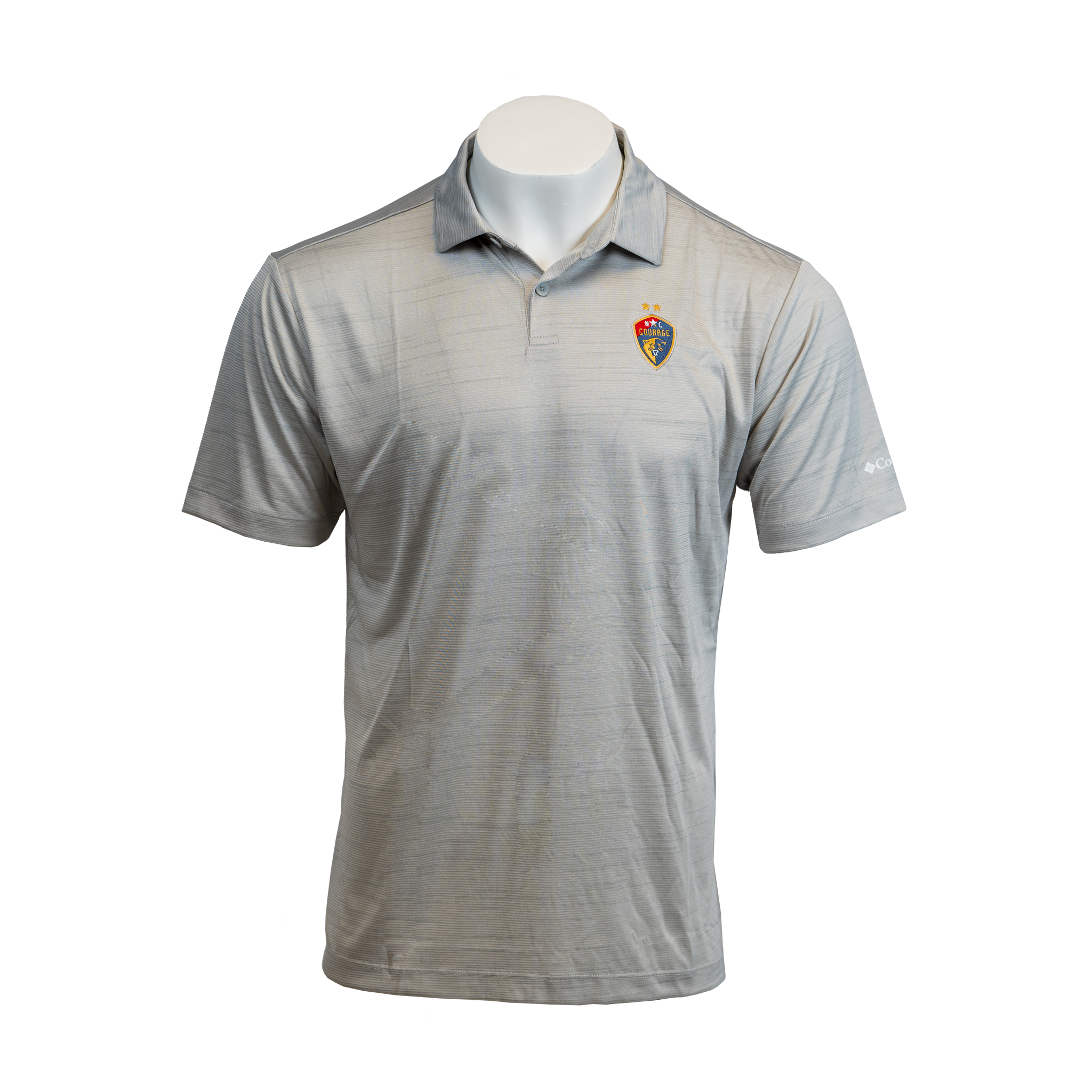 A grey striped polo shirt with a logo on the chest.
