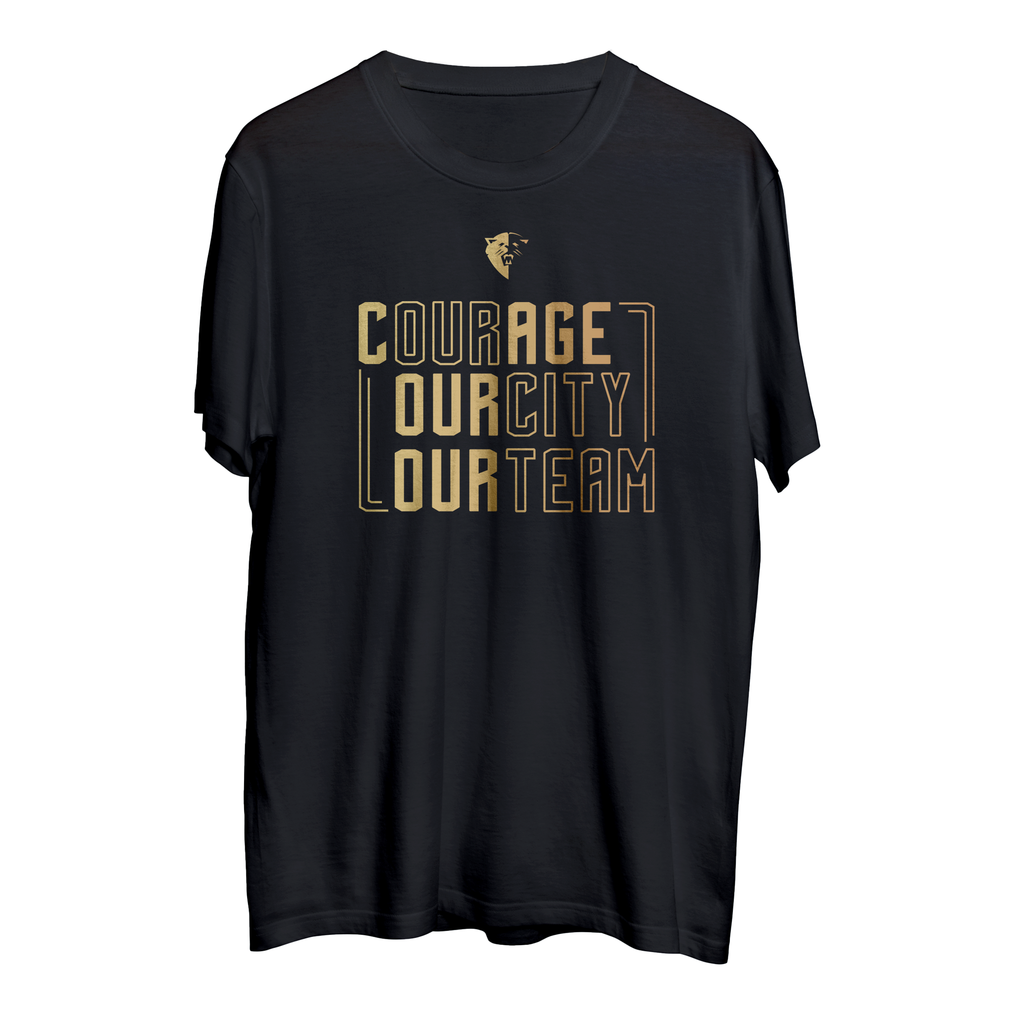 A black t-shirt with the text 'COURAGE OUR CITY OUR TEAM' printed in gold.