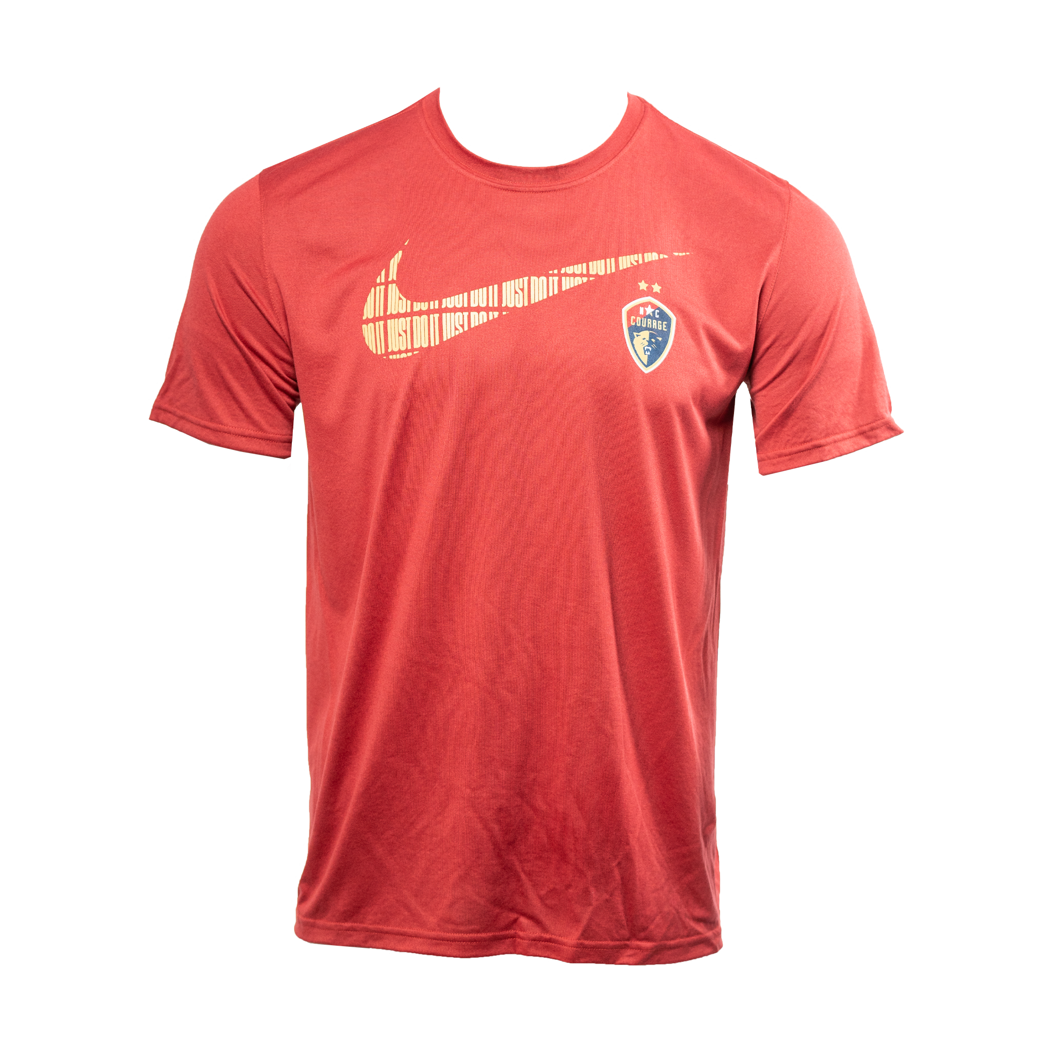 A red Nike Dri-Fit t-shirt with the NC Courage logo and the Nike swoosh.