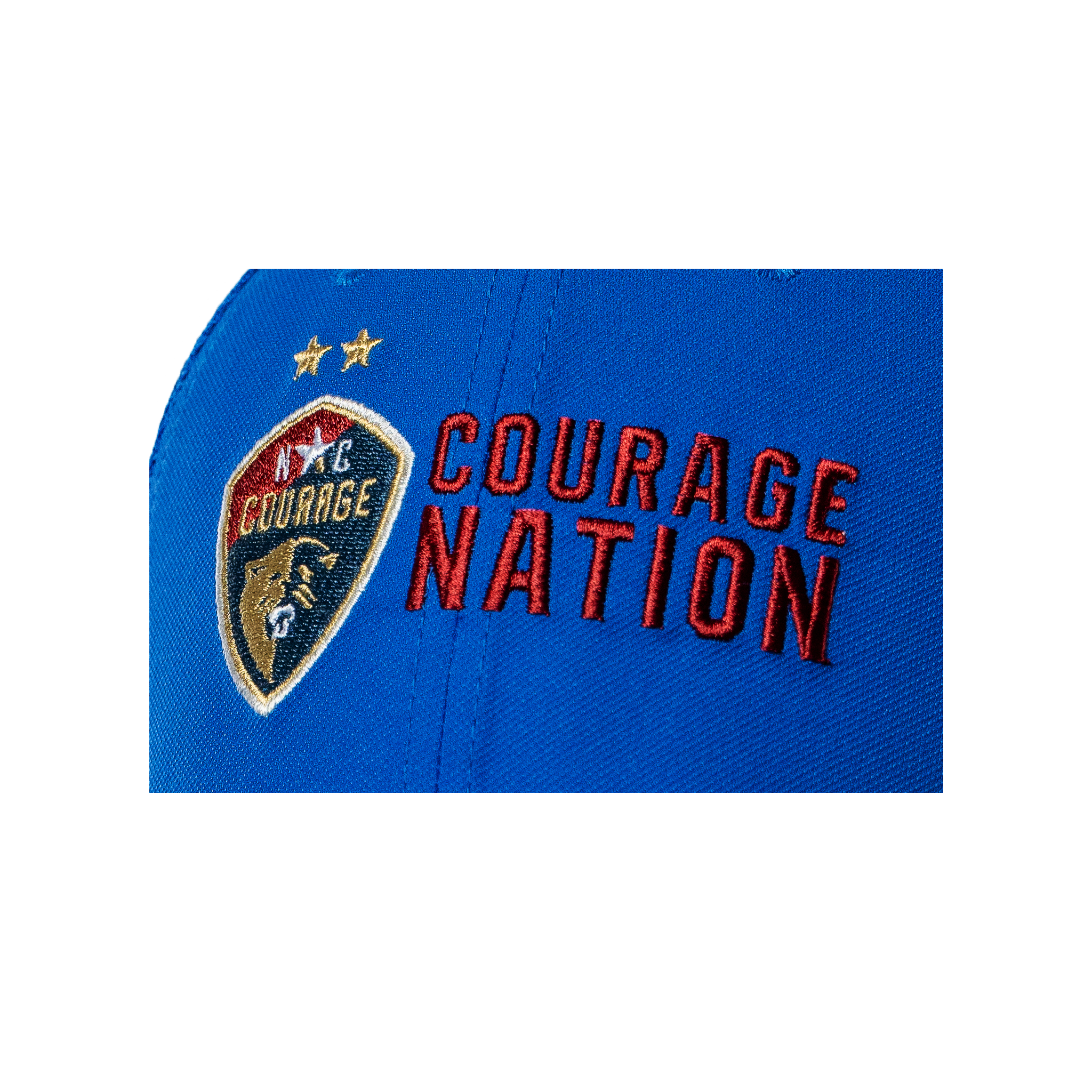 A close up of a blue NC Courage Royal Mesh Swoosh Flex Hat with 3D embroidery.