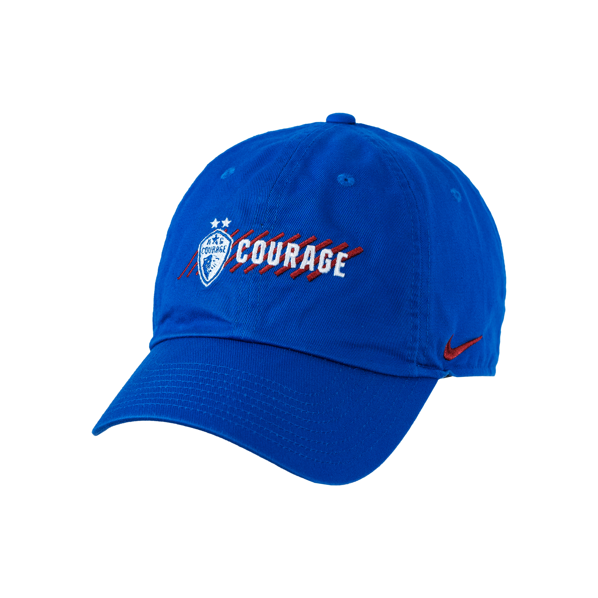 Unstructured cotton twill hat features white Courage crest and wordmark on top of red diagonal stripes on the crown