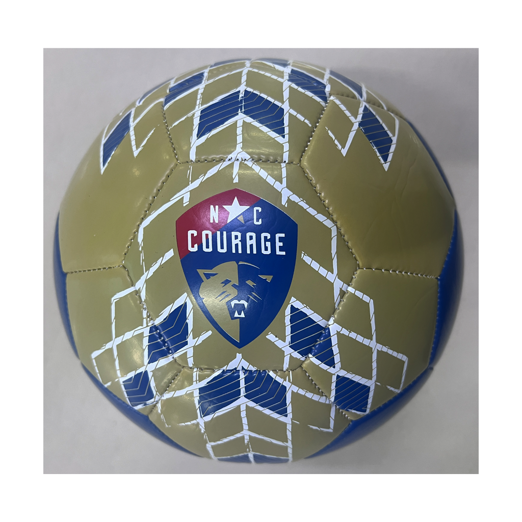 A size 5 soccer ball with geometric patterns in blue, white, and gold colors featuring the NC Courage logo.