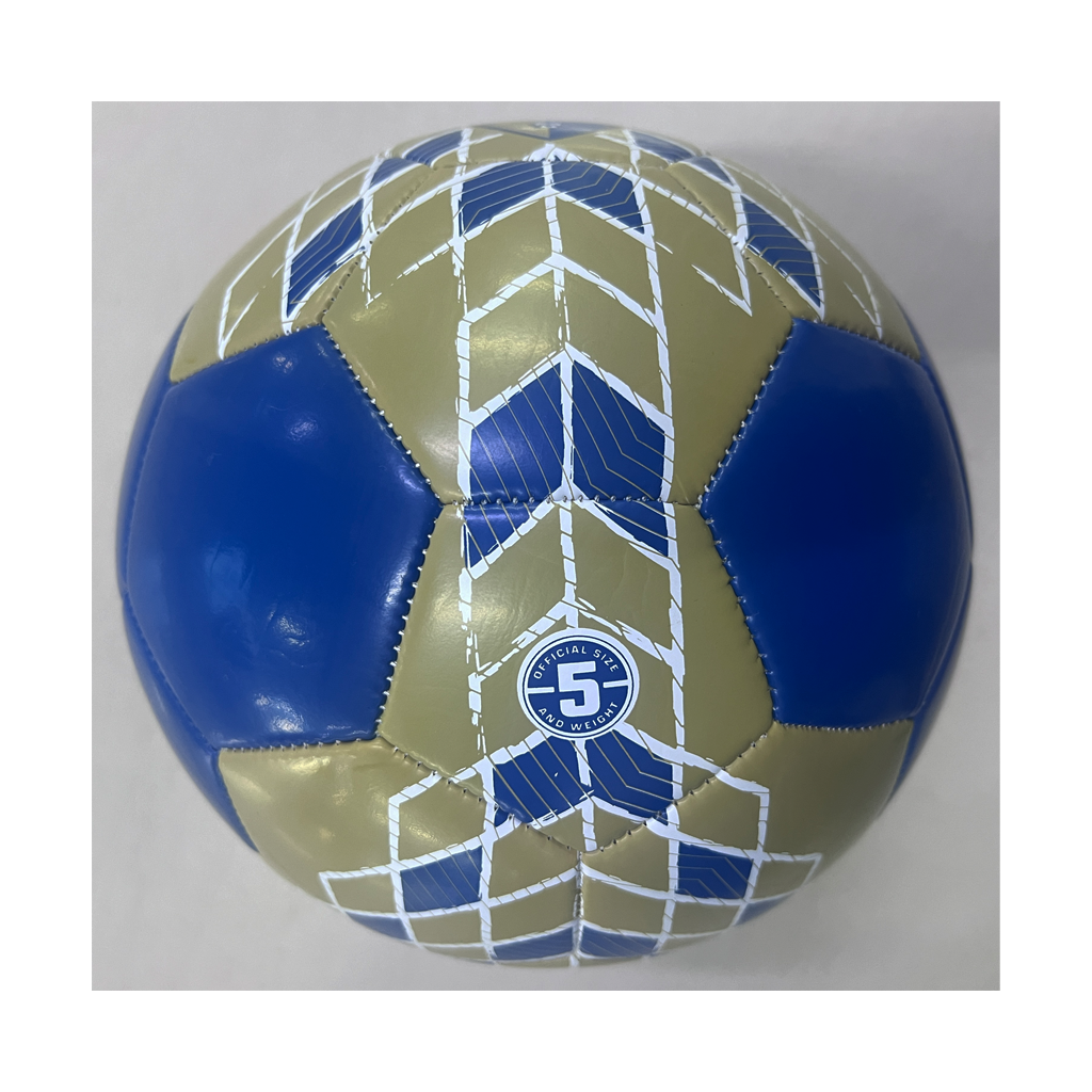The back of a size 5 soccer ball with geometric patterns in blue, white, and gold colors featuring the NC Courage logo.