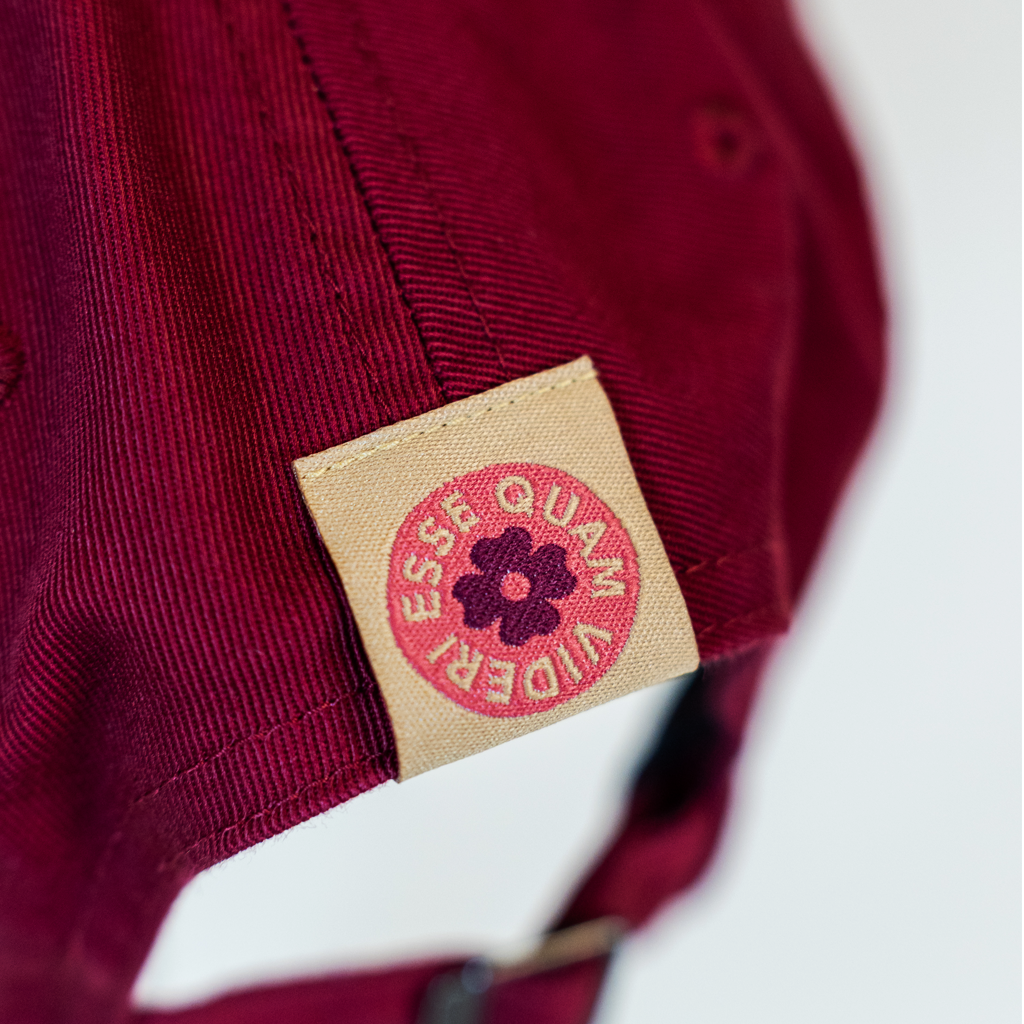 Closeup of "ESSE QUAM VIDERI" tag on the back of the hat