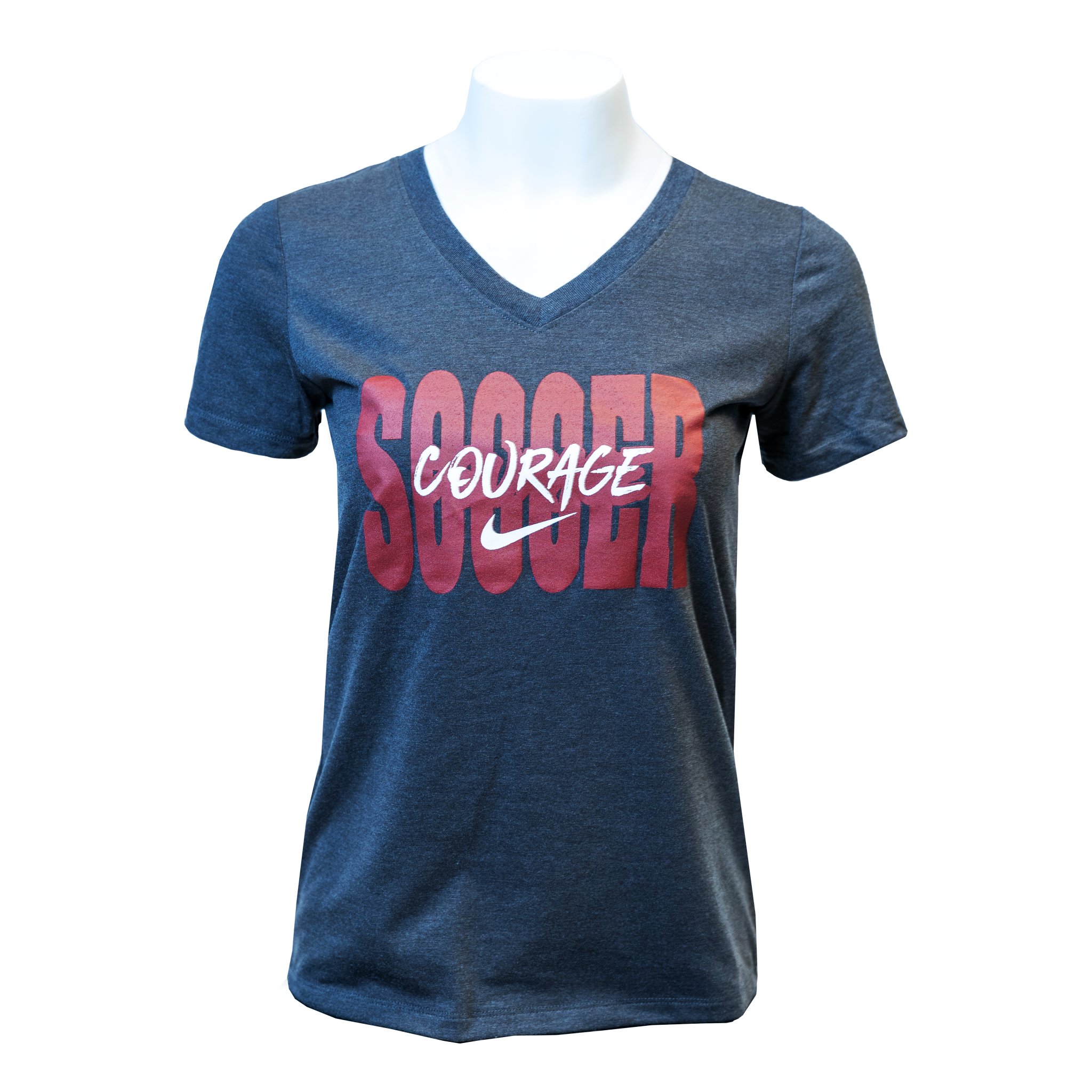 A navy blue v-neck t-shirt with the word 'SOCCER' and the brand Nike's logo in red on the front.