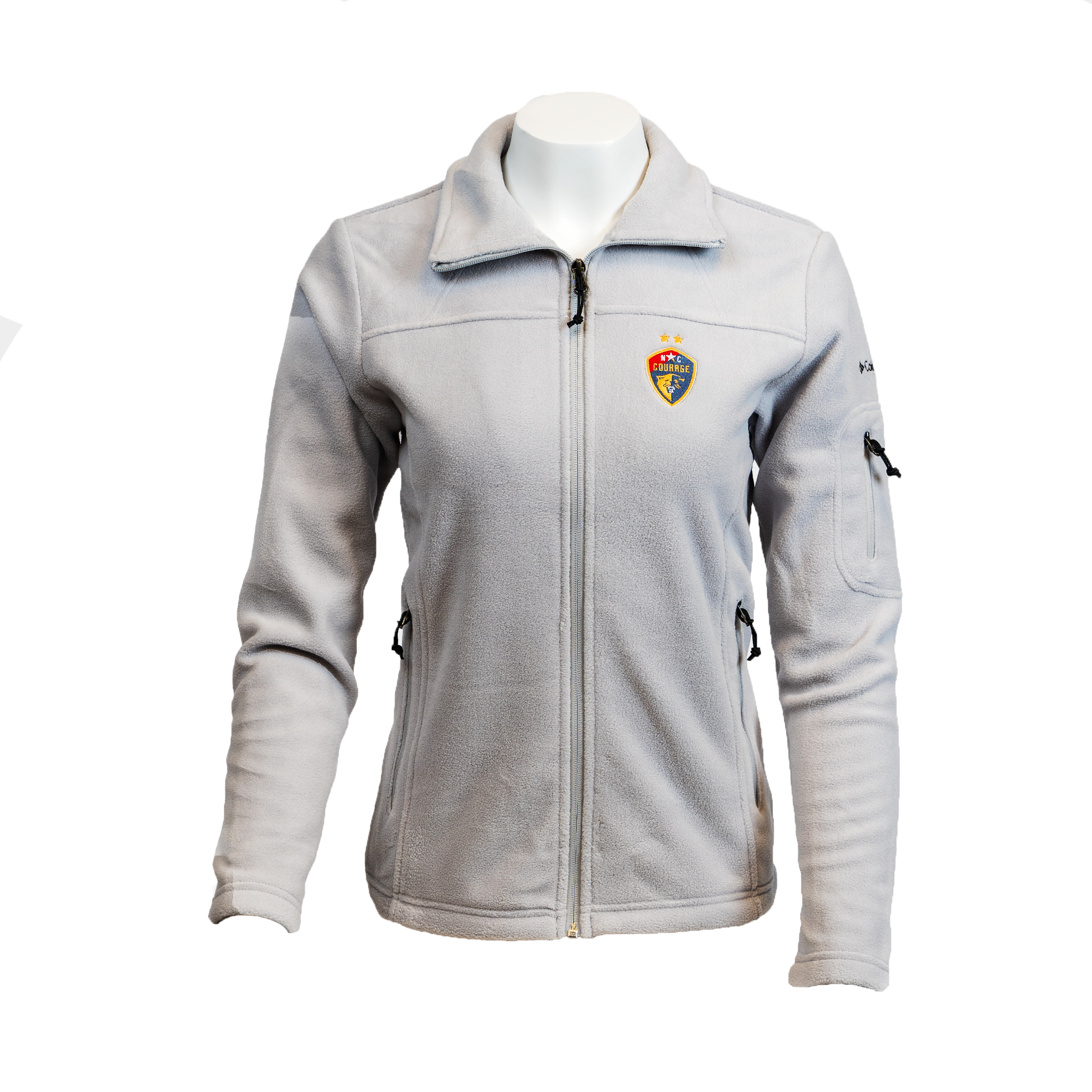 A grey fleece full zip jacket with a logo on the left chest area, displayed on a mannequin.