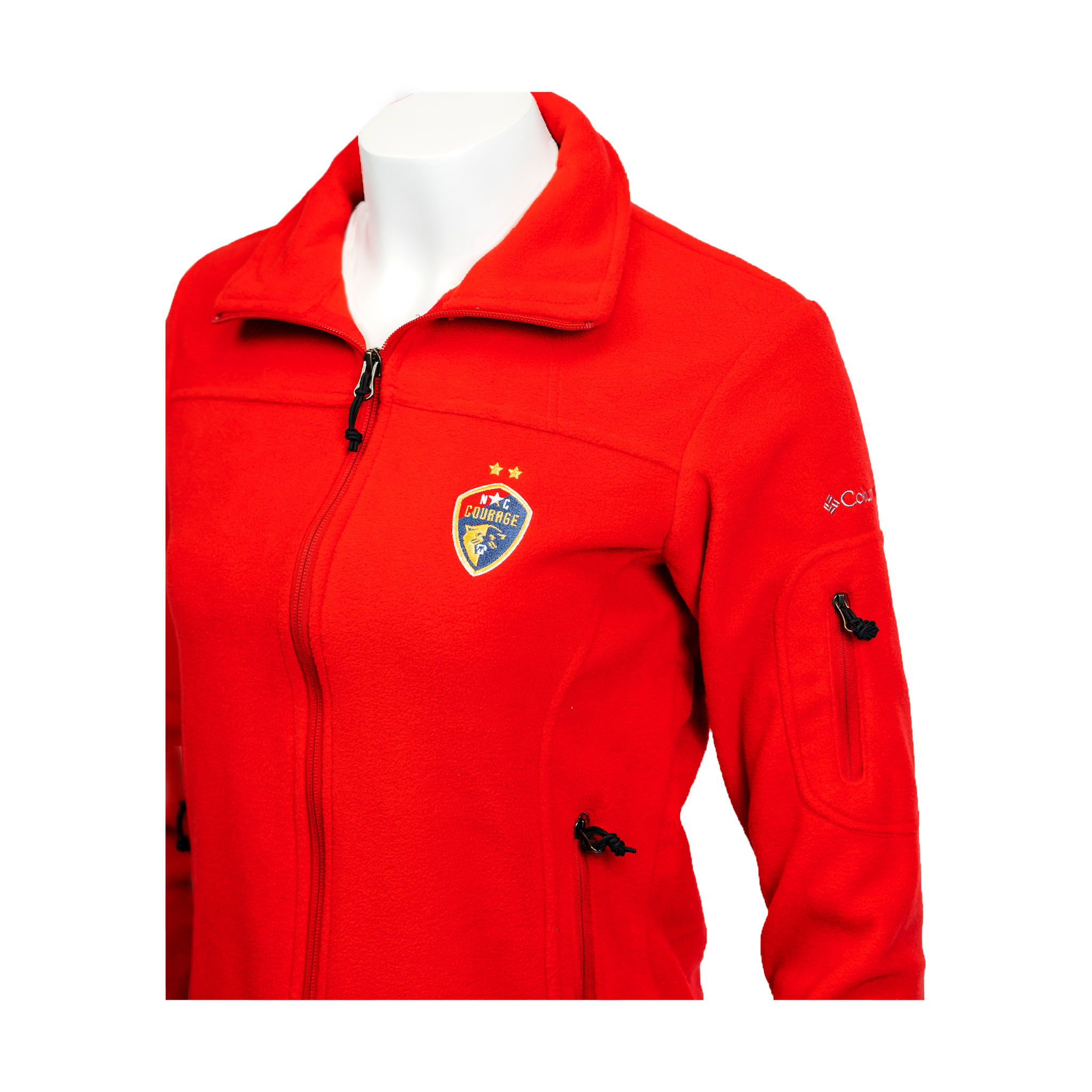 A close up of a red fleece full zip jacket with a logo on the left chest area, displayed on a mannequin.