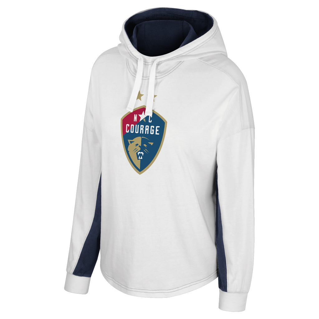 A white hoodie with the NC Courage logo on the front, featuring a blue star and color accents.
