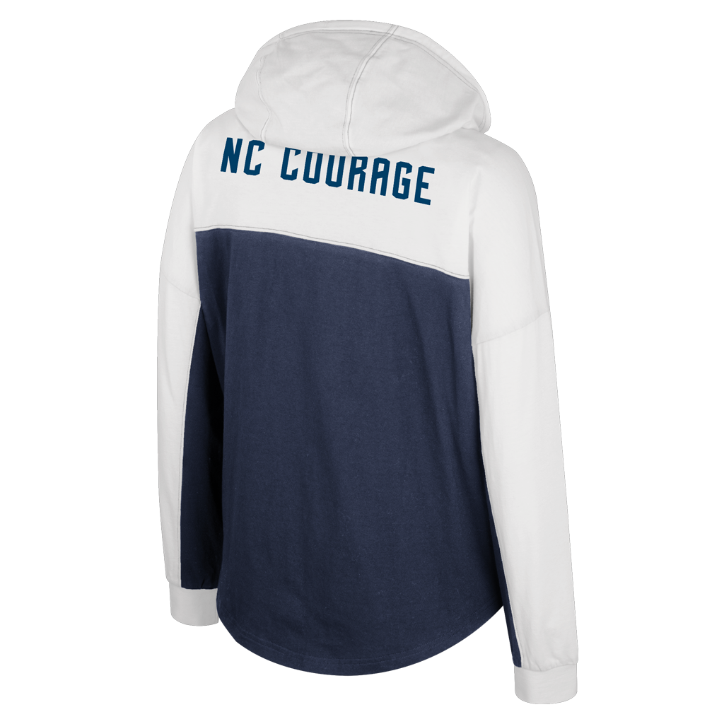 Back of sweatshirt with white and navy color blocking. NC Courage spelled out in Navy along the back of the hoodie.
