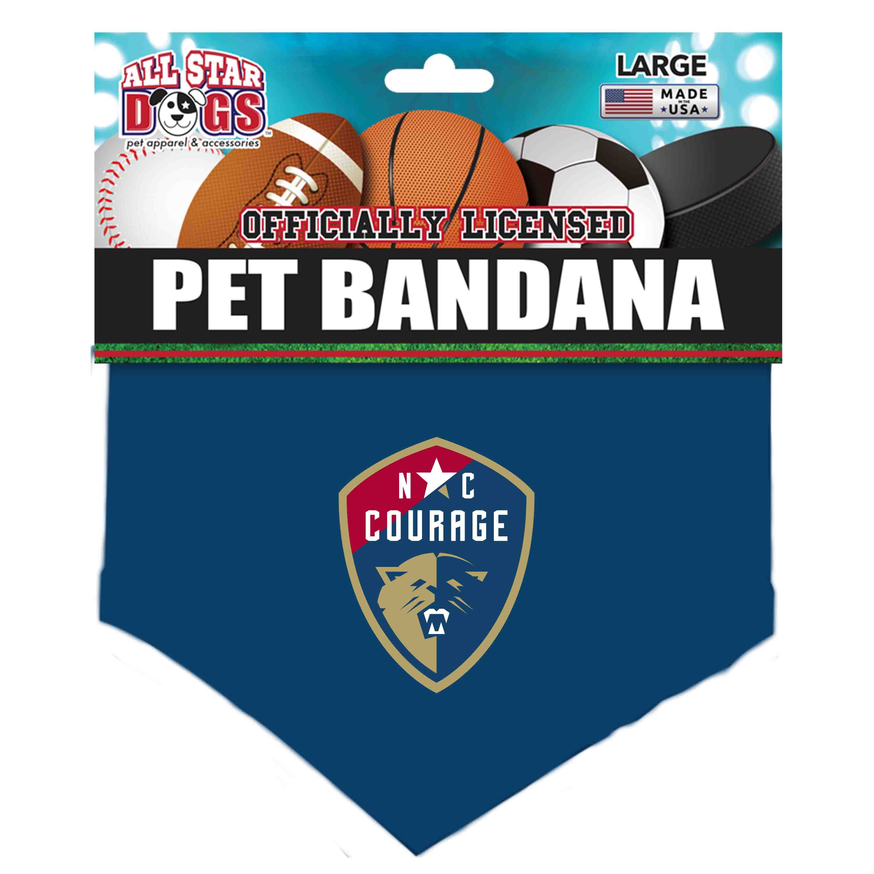 A blue pet bandana with the NC Courage logo on it, displayed on a packaging card with sports balls and the text 'OFFICIALLY LICENSED PET BANDANA'.