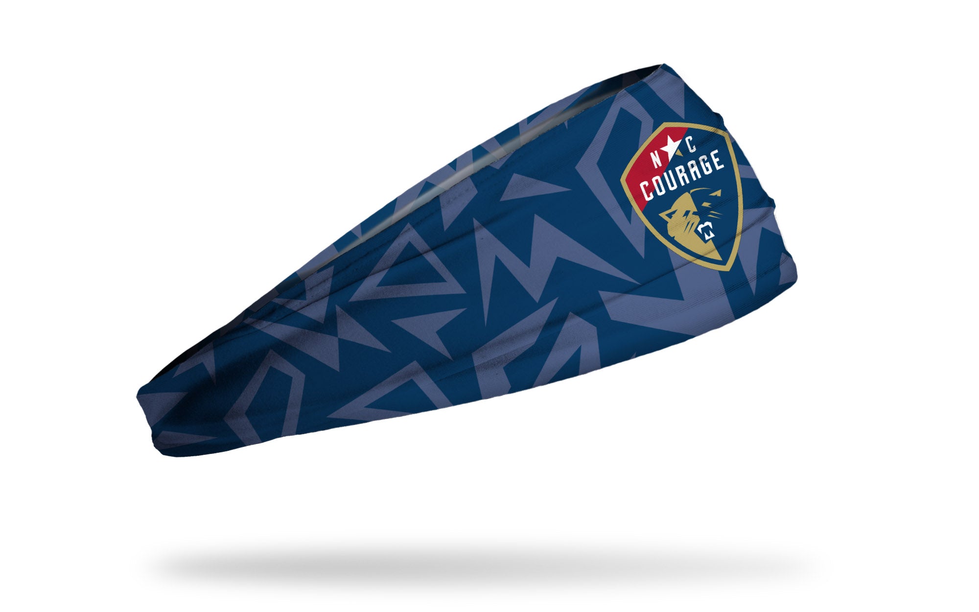North Carolina Courage x JUNK Brands Big Bang Lite performance headband from the side with blue triangle pattern, Courage logo centered.