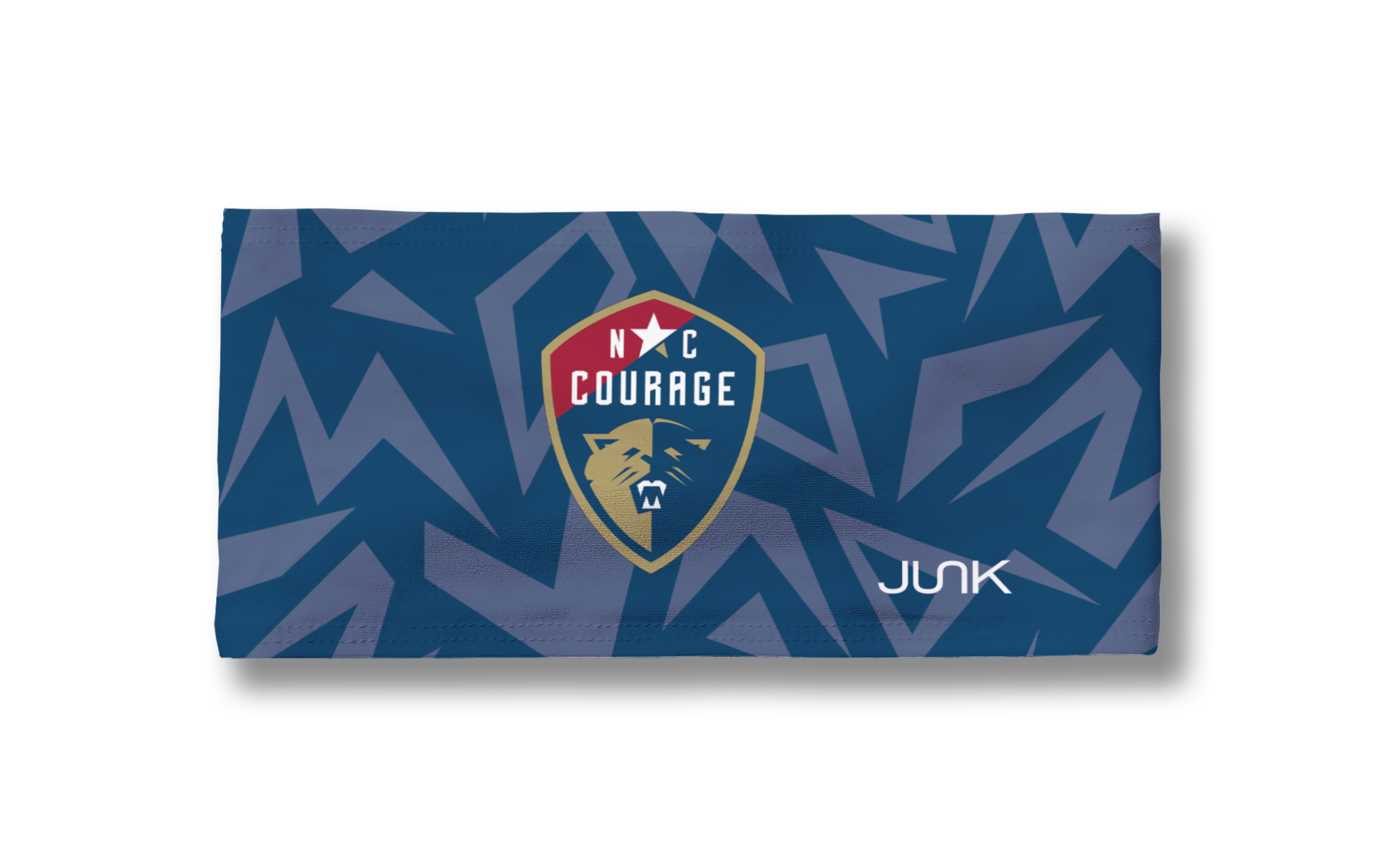 Flattened North Carolina Courage x JUNK Brands Big Bang Lite performance headband from the side with blue triangle pattern, Courage logo centered, and Junk logo on the bottom. 