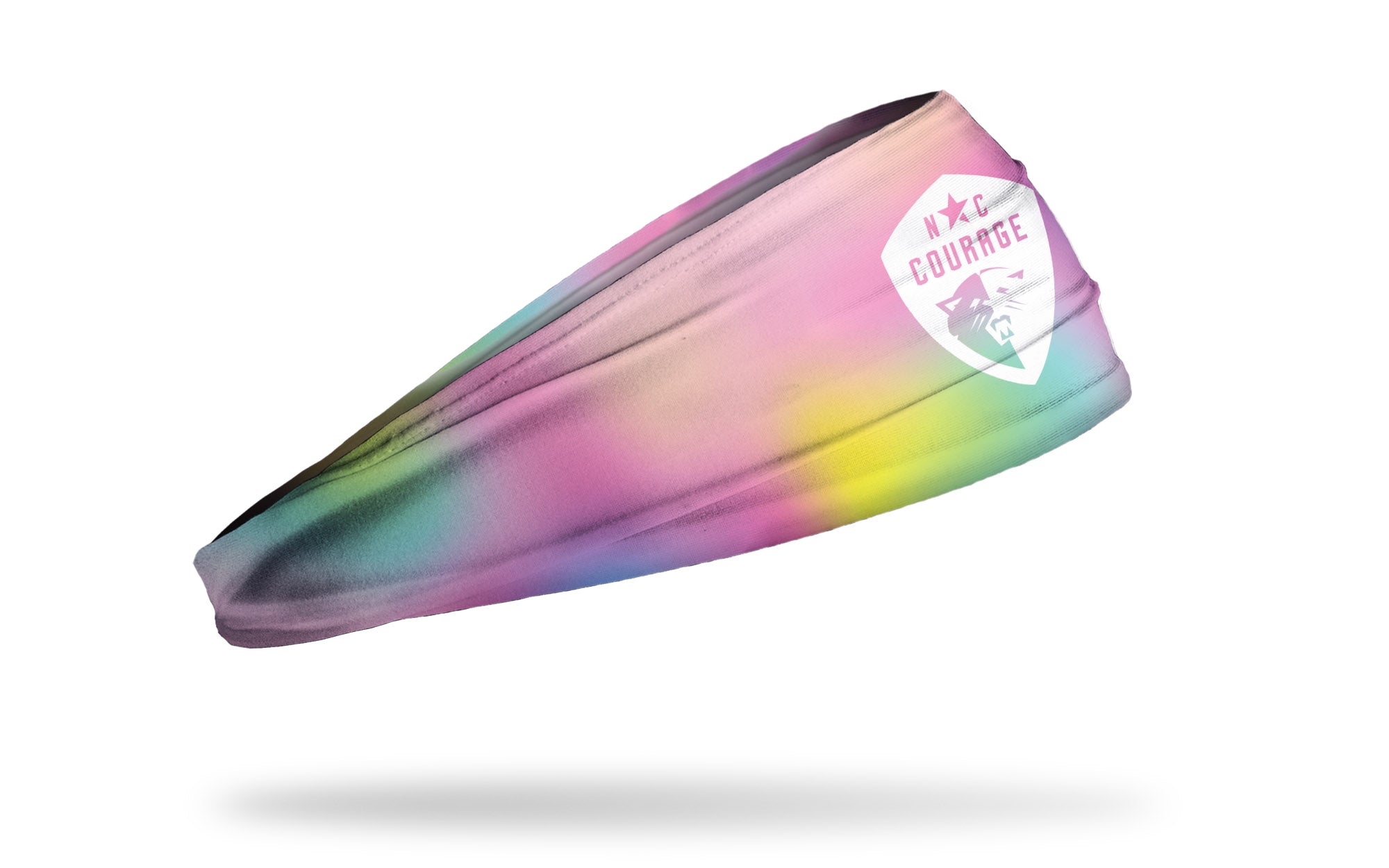 Rainbow tie-dye headband with white Courage logo in the center from the side 